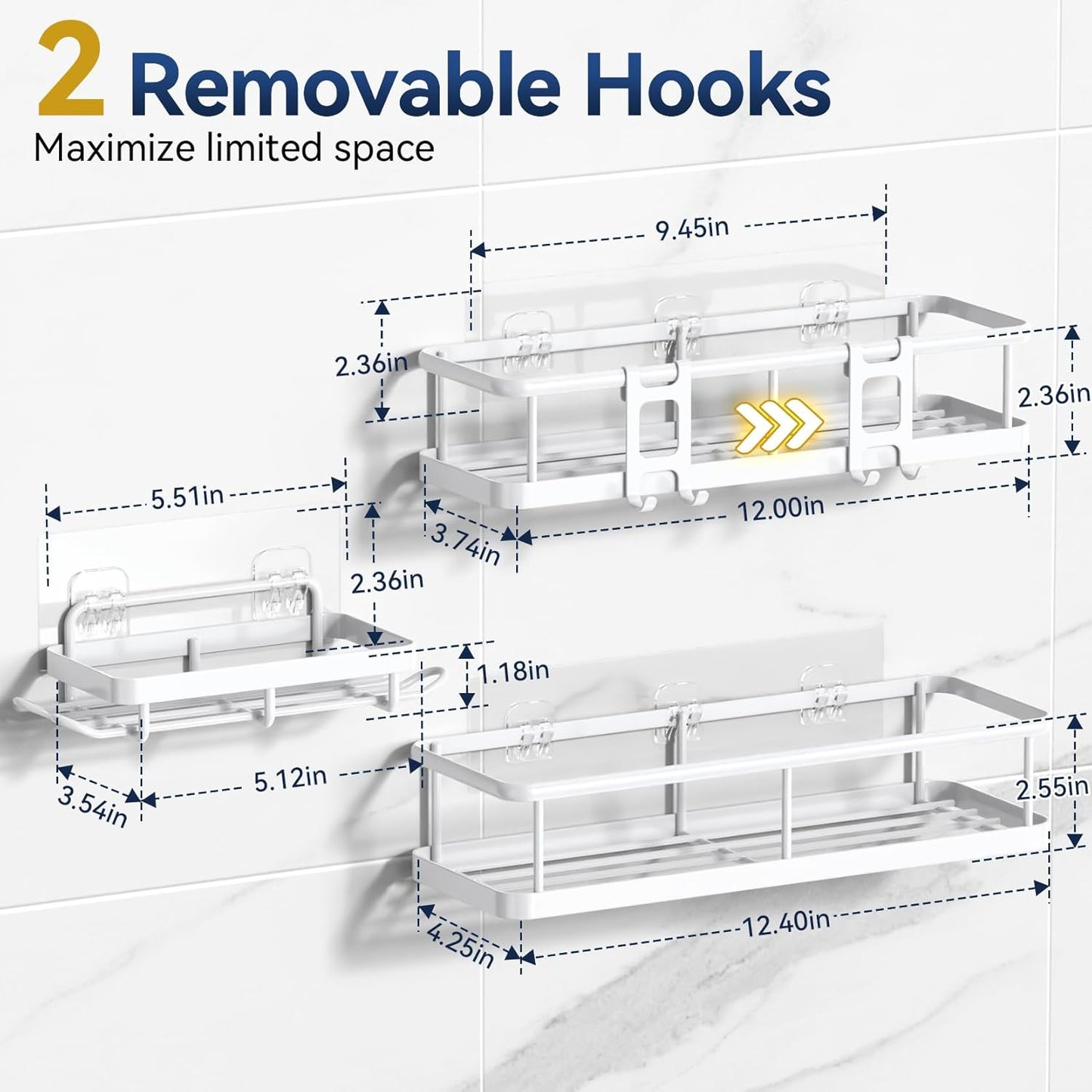 YASONIC Shower Caddy Adhesive, No Drill Bathroom Shower Organizers, with Removable Hooks and Soap Holder, Rust Proof Shower Shelves, Wall-Mounted Shower Holder, White, 3 Pack, YS-K-419E