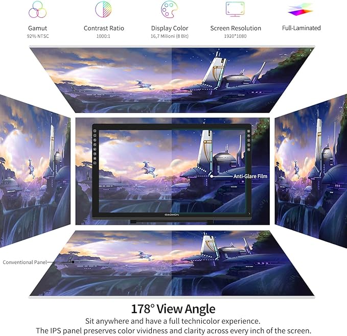 GAOMON PD2200 Drawing Tablet with Screen, Full-Laminated Digital Art Tablet with 8 Touch Buttons, Battery-Free Stylus, Tilt, 130% sRGB, 21.5 inch Graphics Tablet with Stand for Mac, Windows PC