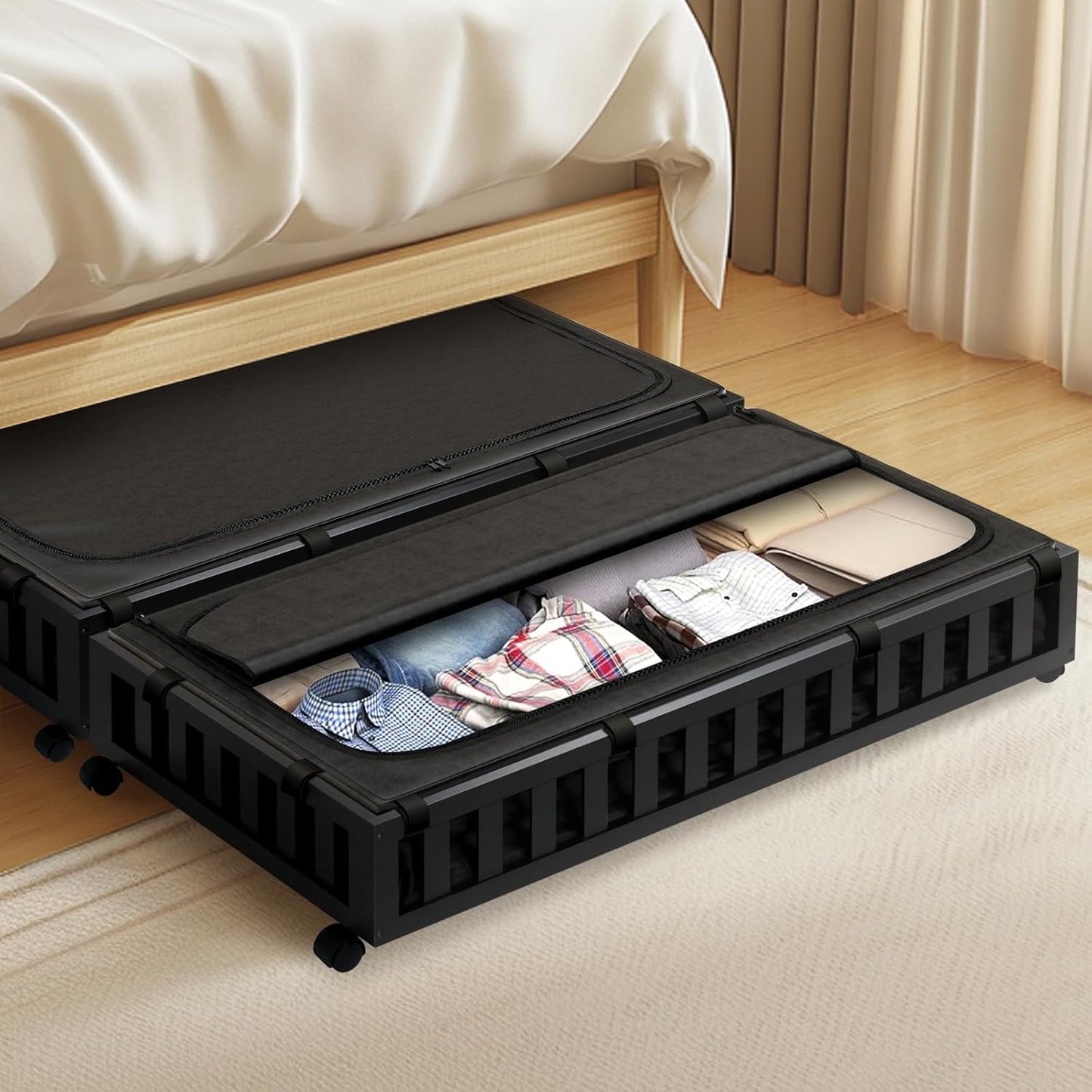 2 Pack Bamboo Under Bed Storage with Wheels, 39”x20”x7.8” Lager Under Bed Storage Containers (Black)