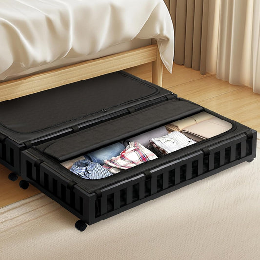 2 Pack Bamboo Under Bed Storage with Wheels, 39”x20”x7.8” Lager Under Bed Storage Containers (Black)