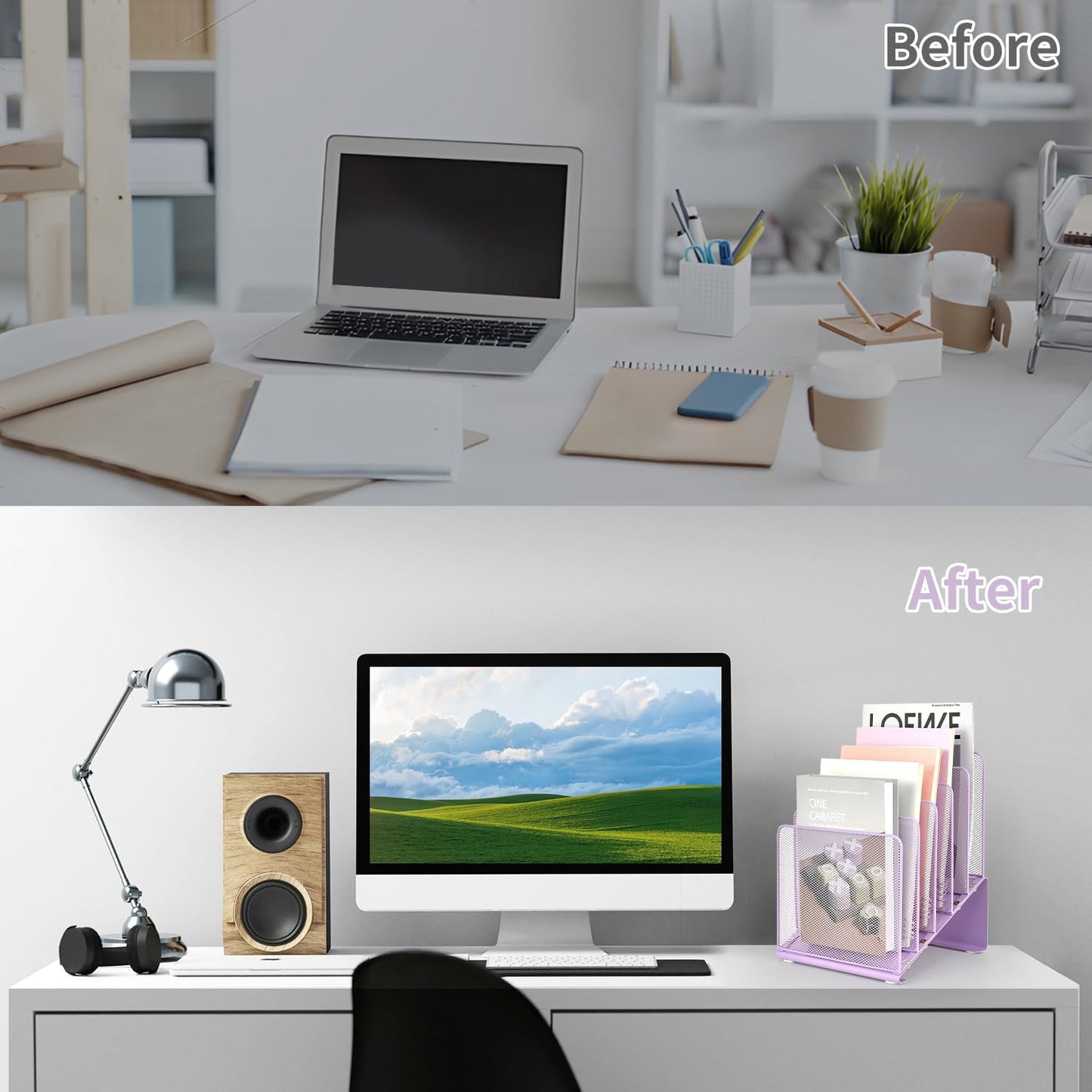 File Organizer for Desk, Desk Organizer with 5-Section Vertical File Rack, File Folder Organizer (Purple)