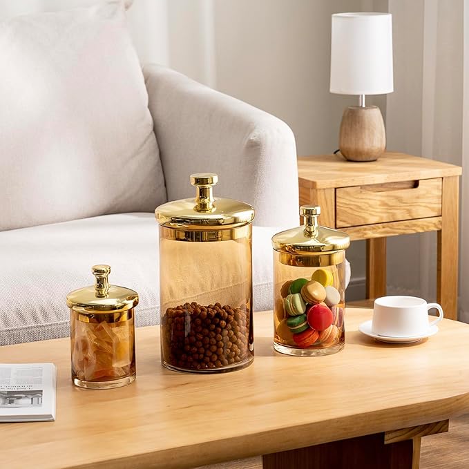 MyGift Glass Apothecary Jar Set with Brass Lids, Decorative Kitchen and Bathroom Storage Canisters, Wedding Centerpiece Jars, Candy Buffet Containers