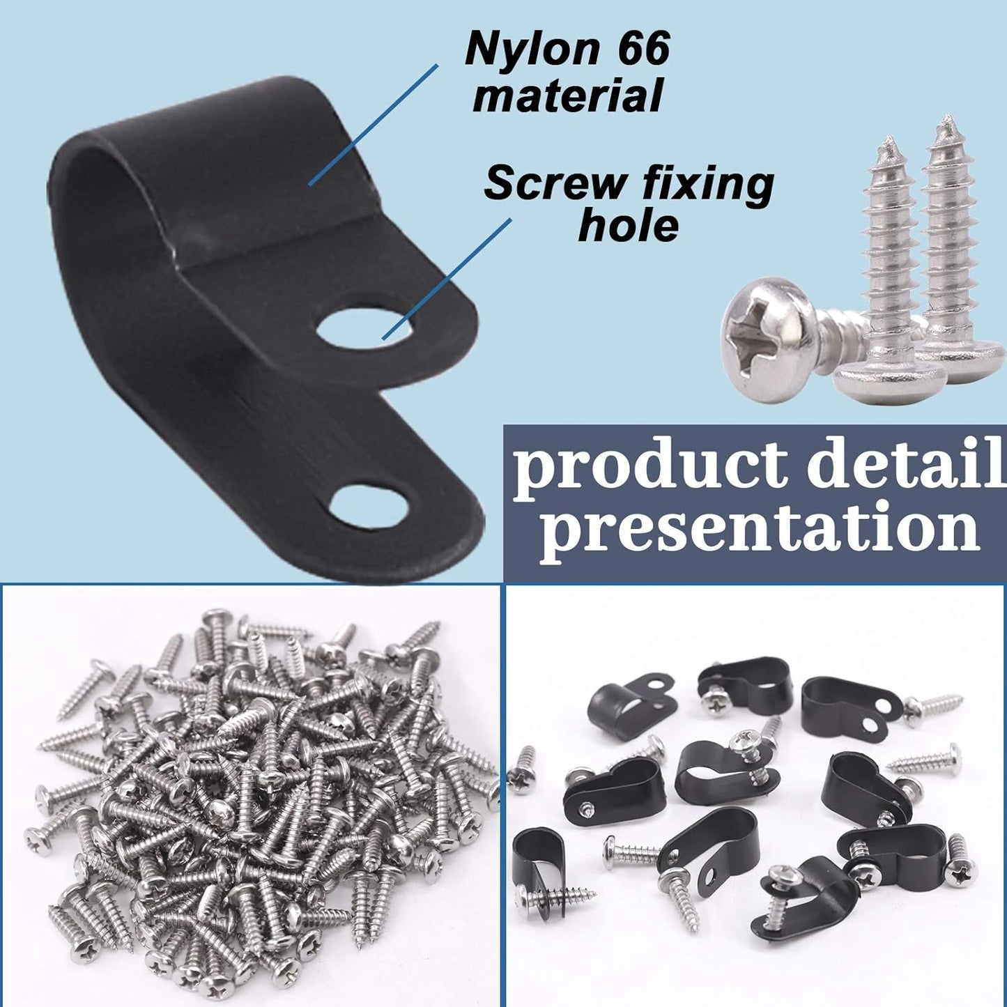 Glarks 120Pcs 3/8 Inch Black Nylon Screw Mounting R-Type Cable Clip Wire Clamp with 120Pcs Screws for Wire, Cable, Conduit and Cable Conduit Kit (Black)