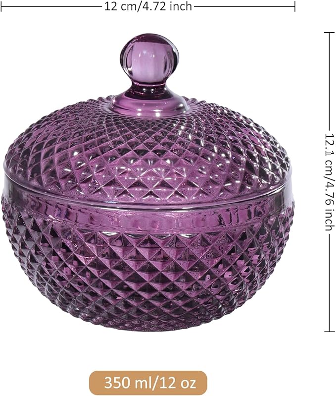 Joeyan 12 oz Small Dark Purple Glass Jars with Lid,Embossed Candy Dishes,Diamond Faceted Food Container,Decorative Jewelry Box Apothecary Canisters,Colored Kitchen Bathroom Buffet Storage Organizer