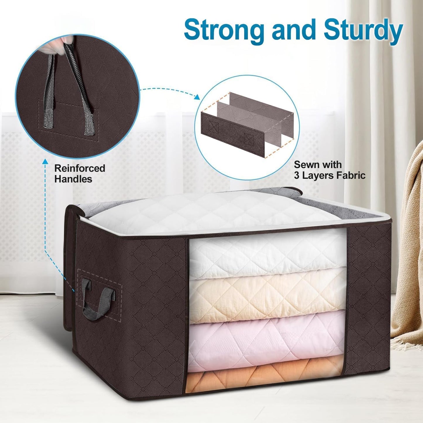 Budding Joy Clothes Storage, Foldable Large Blanket Bags, Storages and Organization for Clothing, Blanket, Comforter, Clothes, Pillows, Toys, Closet Organizers with Enhanced Handle, 60L 6 Pack Brown