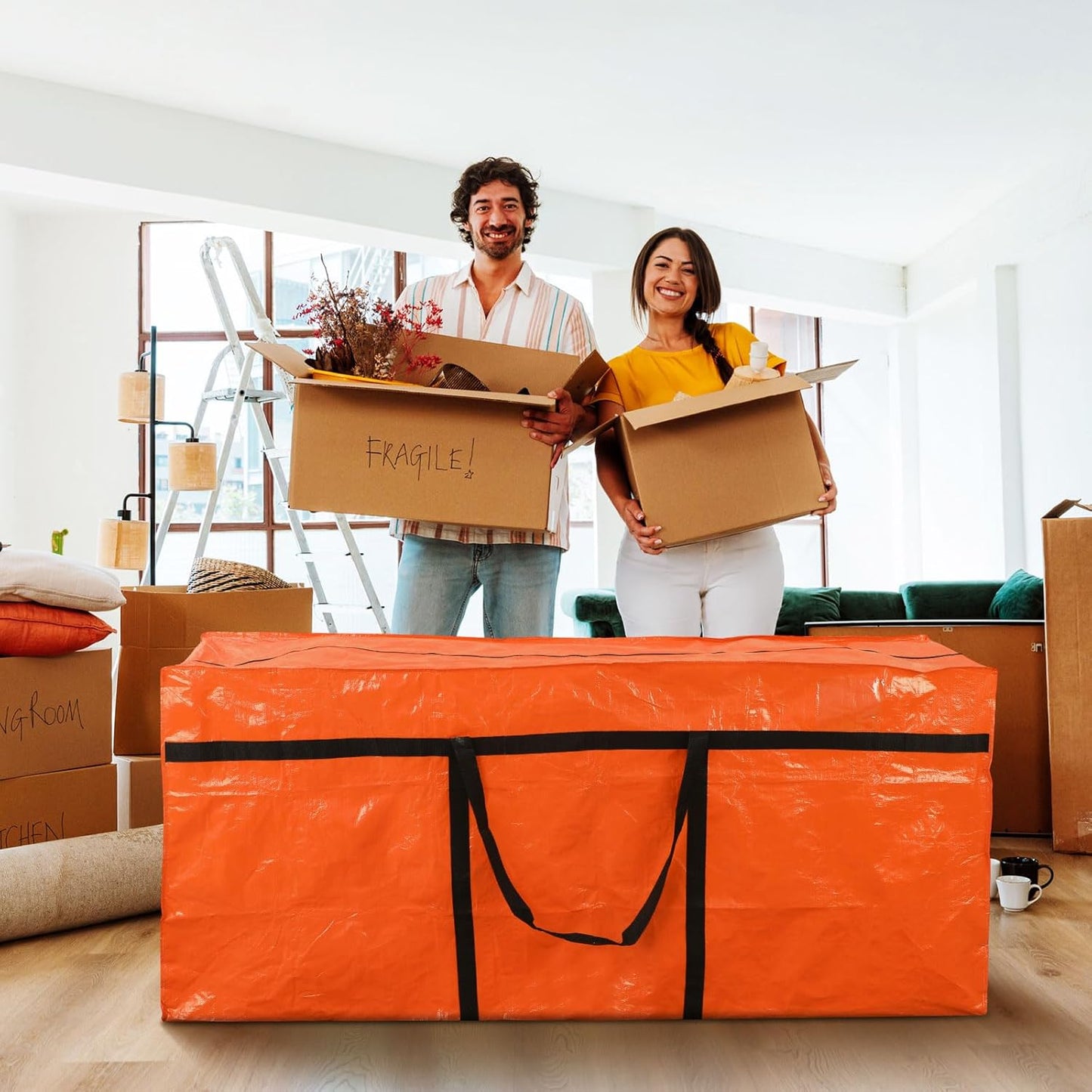 4 Pcs 176 Gallon Large Moving Bags with Zipper and Handles Foldable Storage Duffle Bags Heavy Duty Extra Large Totes for College Dorm Travel Clothes Blankets Bedding Moving (Orange)