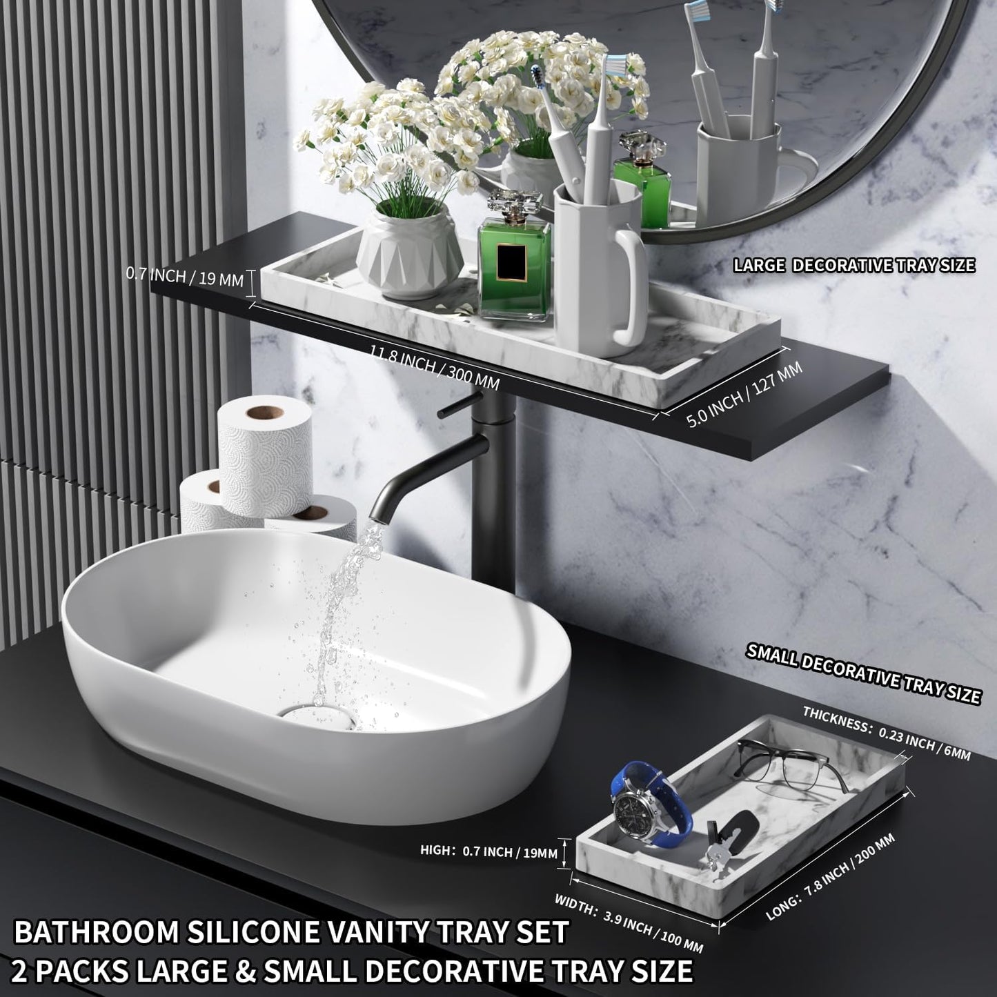 BBK Bathroom Vanity Tray - 2 Pack (7.8" and 11.8") Silicone Bathroom Trays for Counter, Perfume Key Trinket Ring Tray, Decor Soap Dispenser Countertop Tray for Kitchen Sink Organization (Marble Gray)