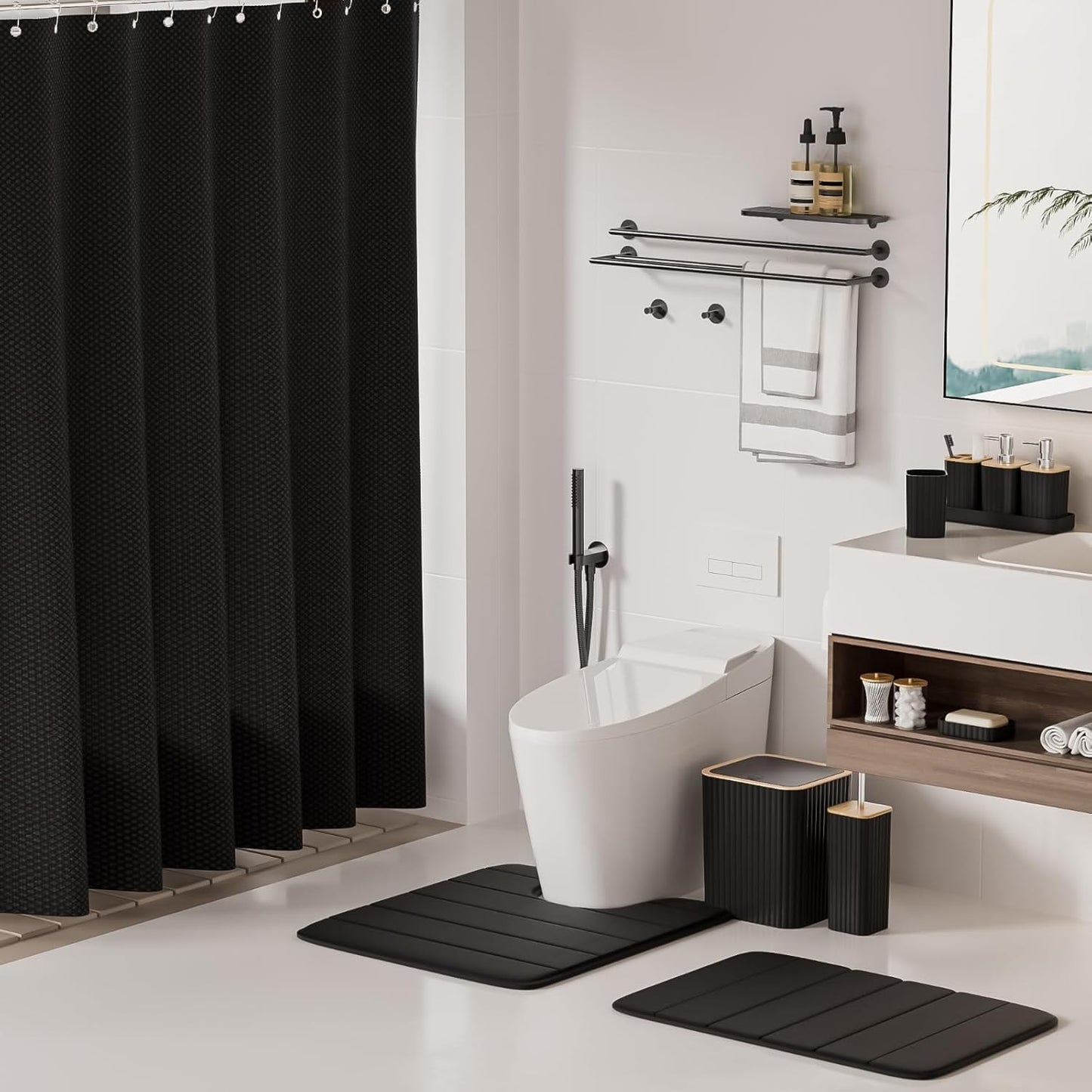 Bathroom Set - 25PC Black Bathroom Set with Shower Curtain and Rugs, Bathroom Accessories Set, Black Shower Curtain Set with Bathroom Trash Can