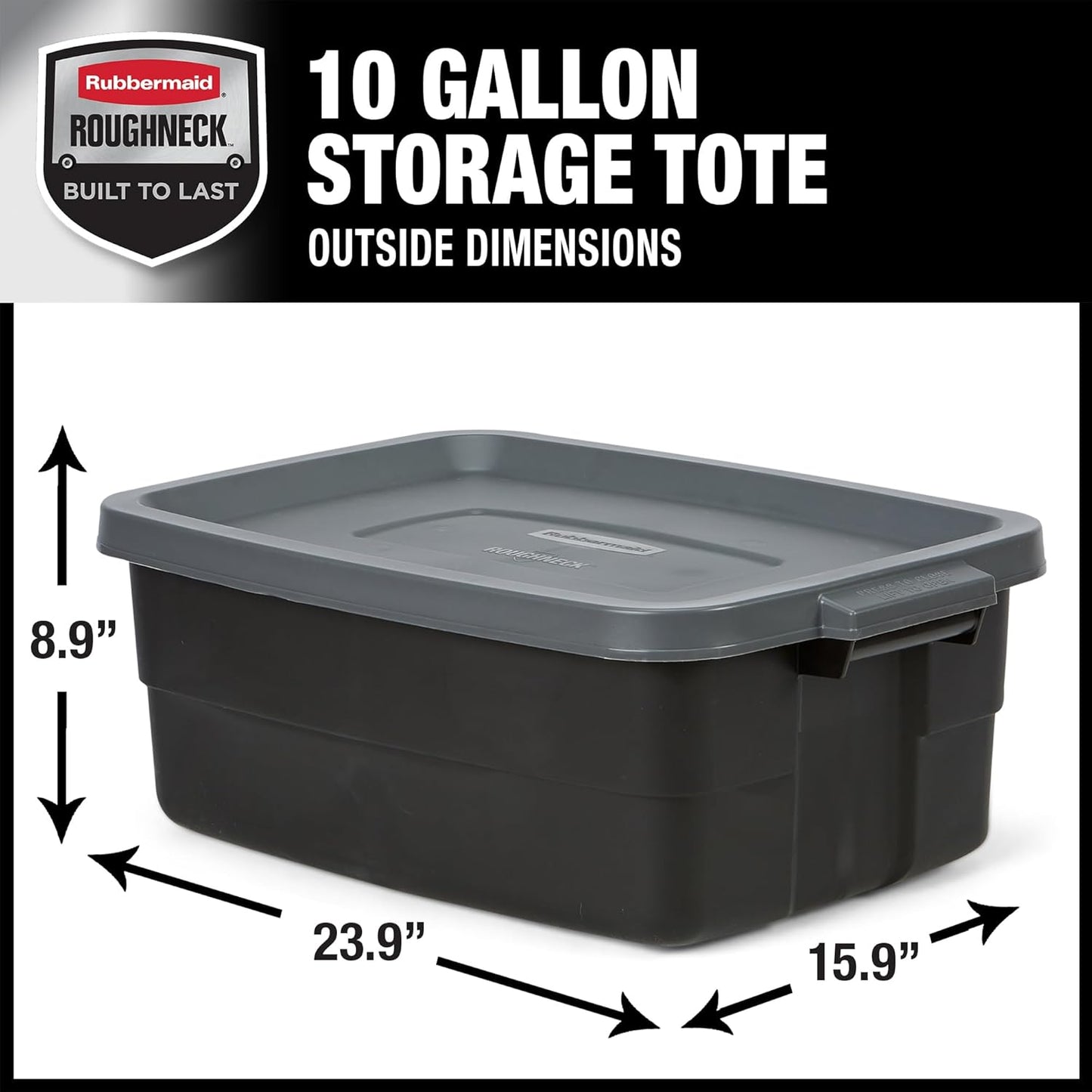 Rubbermaid 6-Pack Totes for Storage with Lids, Heavy Duty Plastic Storage Bins with Lids, Black Gray, 10 GAL - Stackable for Garage, Attic, Camping (10 GAL - 6 Pack Solid Black and Grey)
