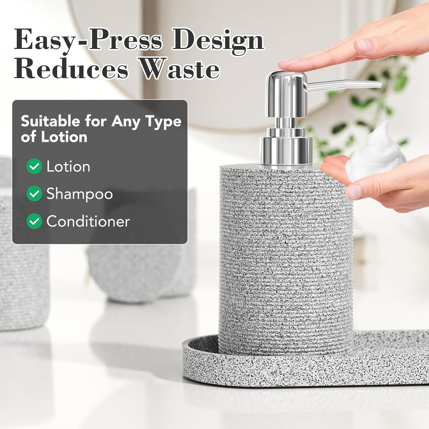 6-Piece Bathroom Accessory Set Resin, Gray Bath Accessories Complete with Toothbrush Holder, Lotion Soap Dispenser, 2 Qtip Holders,Vanity Tray,Bathroom Tumbler - Countertop Vanity Organizer