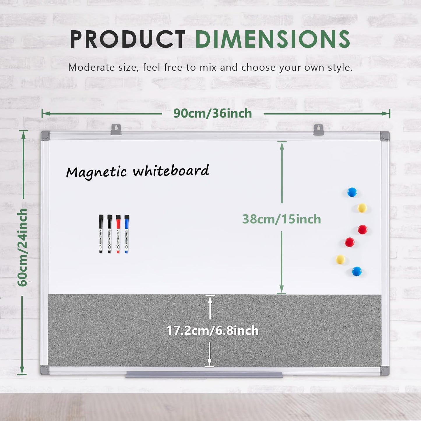Combo Dry Erase Bulletin Board Wall Mounted Whiteboard and Pin Board Vision Board for Home Kitchen School Office College,Whiteboard & Felt Gray,36x24inches
