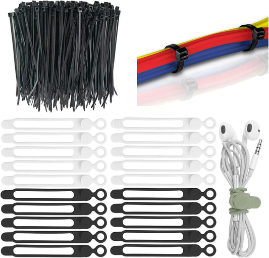 120 Pcs Cable Organizer Set, 20pcs Silicone Cable Ties Reusable & Nylon Cable Ties 100pcs, Multipurpose Elastic Cord Management Organizer for Charger, USB, Phone, Data Cables - Black and White