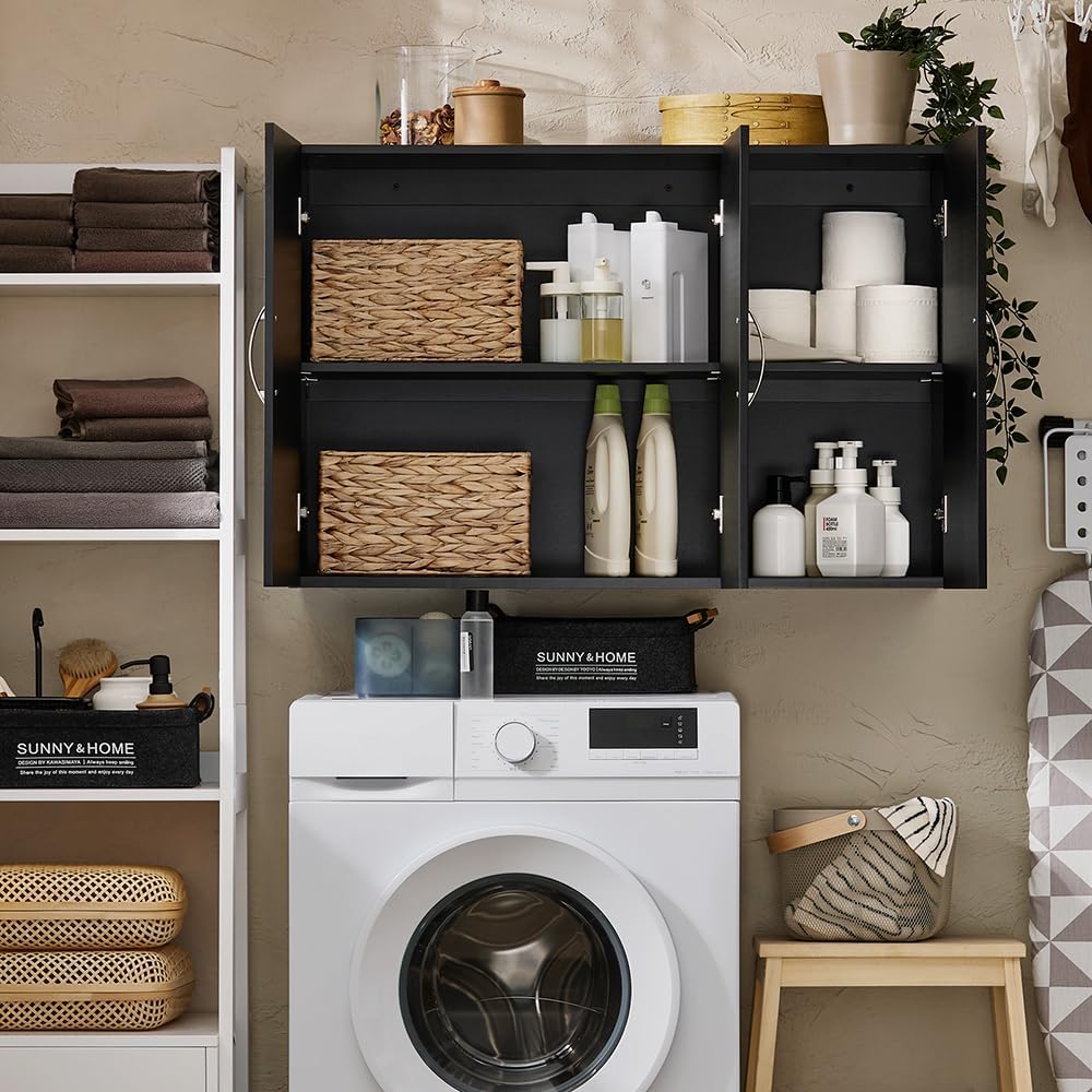 Haotian Wall Cabinet for Laundry Room, Storage Medicine Cabinet for Bathroom Kitchen Garage, Linen Tower Bath Cabinet, Floading Cabinet with Shelf, Black FRG231-L-SCH