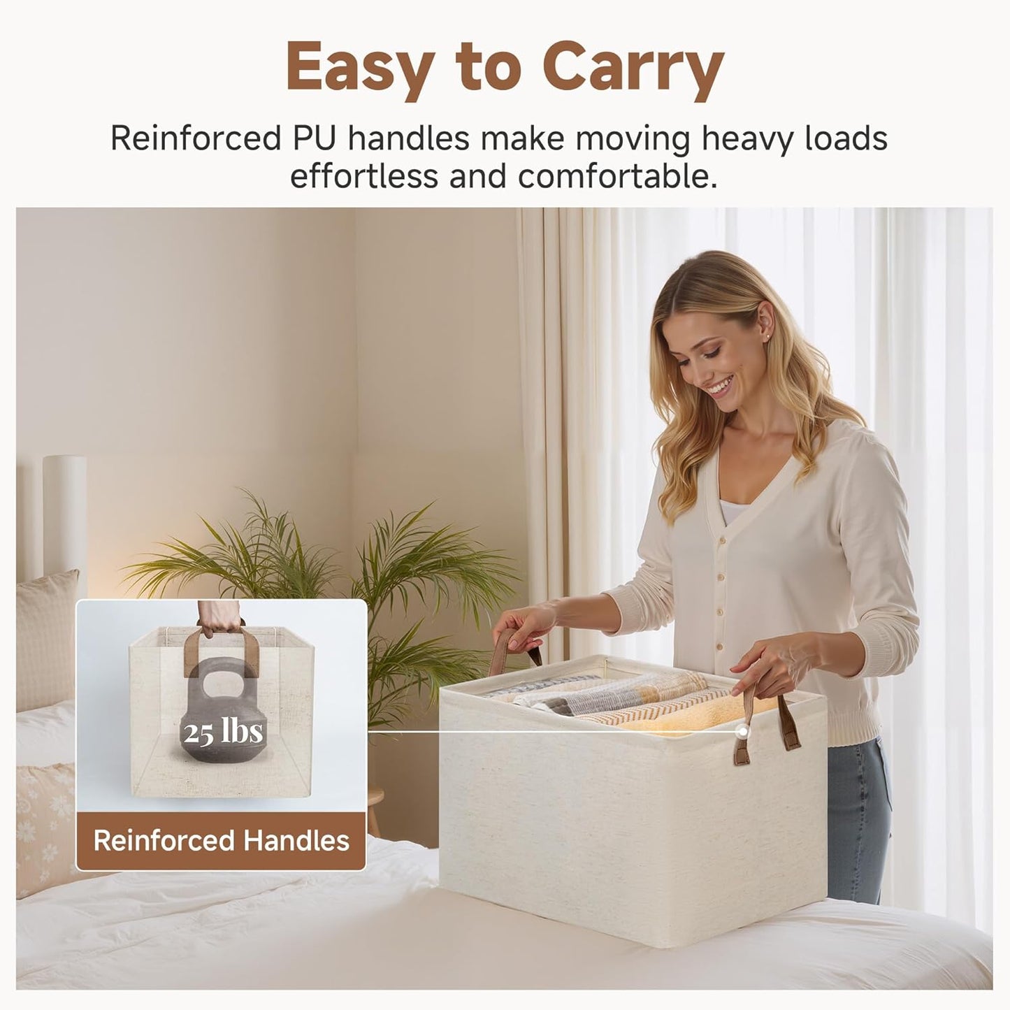 StorageWorks Storage Bins, Shelves Baskets for Organizing, 45L Extra Large Fabric Closet Organizers with Handles, Metal Frame, Beige（Cotton-linen）, 2-Pack