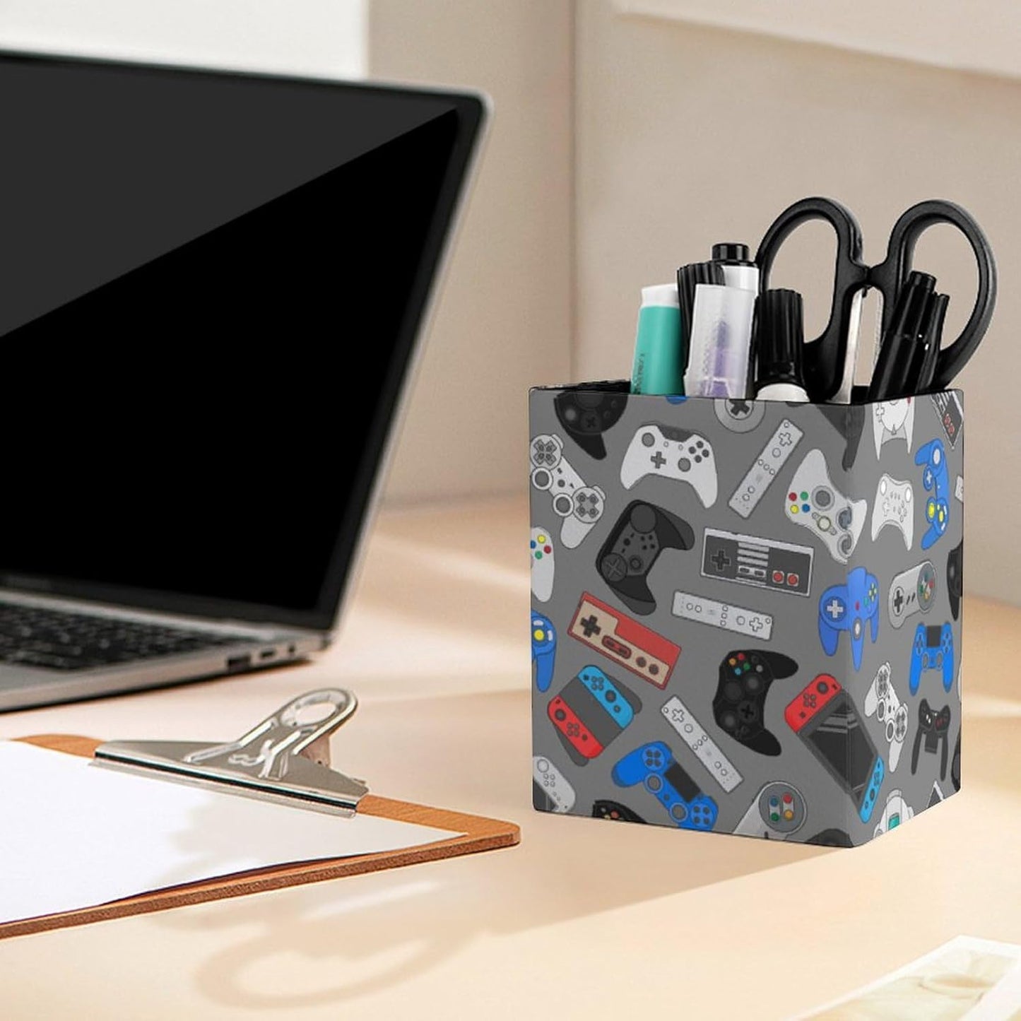 Square Pen Holder & Pencil Organizer for Desk - Office Storage Organizer, Markers/Makeup Brushes/Scissors Holder, Compact Desk Decor Accessories for Home Classroom School(Video Games)