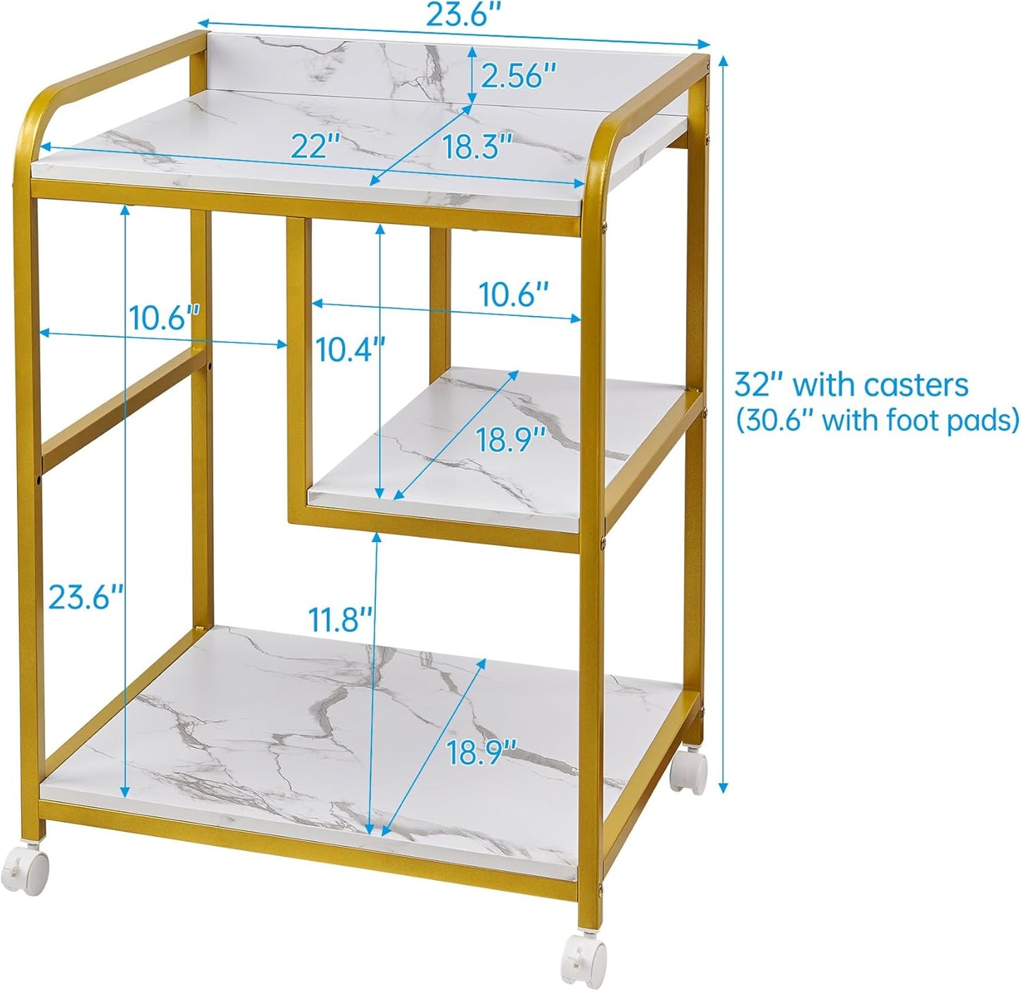 Large Printer Table Stand with Shelf for Computer Tower, CPU and Shredder, 22 x 18 Inch Rolling Printer Cart with Wheels for Home Office Storage and Organization - White Gold