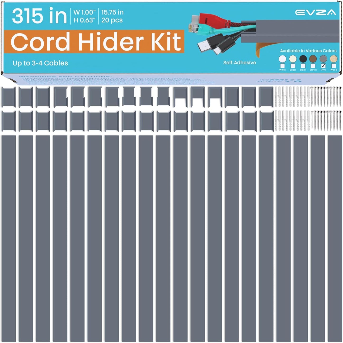 Grey Cable Concealer Wall Kit - 315in Cable Raceway for Extension Cord, Cord Cover Kit for Wall Mounted TV, Gray Wire Management, Decorative Electrical Cable Concealer, Cable Channel, Wire Molding