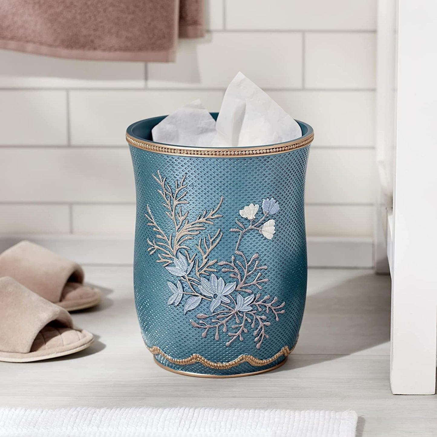 Zahari Home 2pc Capri Bathroom Decor Set Waste Basket for Bathroom & Tissue Cover Modern Classic Decor Stylish Unique Design Beautiful Royal Blue Bathroom Accessories Set