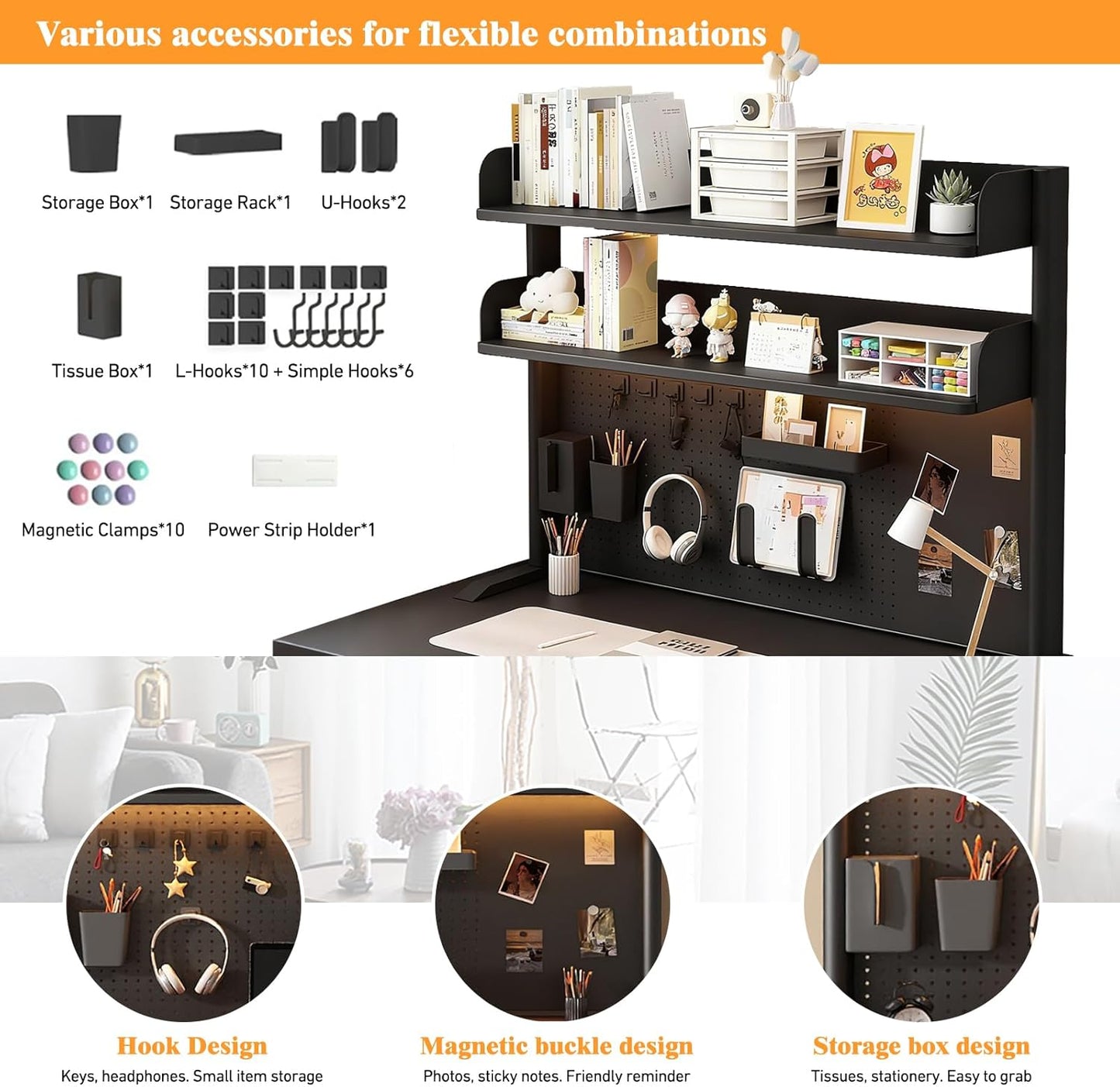 Desk Organizer Shelf for Standing Desk – Metal Frame Desk Hutch with Pegboard, Storage Shelf, and Hooks, Space-Saving Desktop Organizer for Home Office & Workstation yellow 39.4*9.3*37.4in