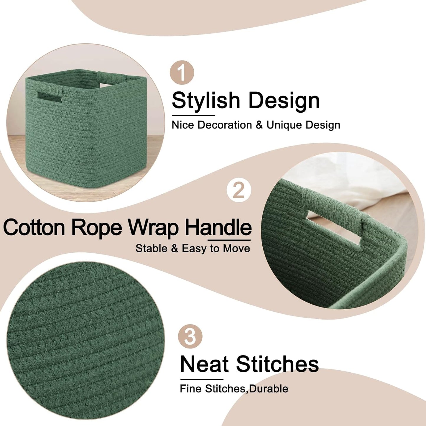 OIAHOMY Storage Cubes 11 Inch Storage Bins-3 Pack, Cotton Rope Woven Baskets for Organizing, Square Baskets for Shelves Organizer, Classroom, Toy Basket, Green
