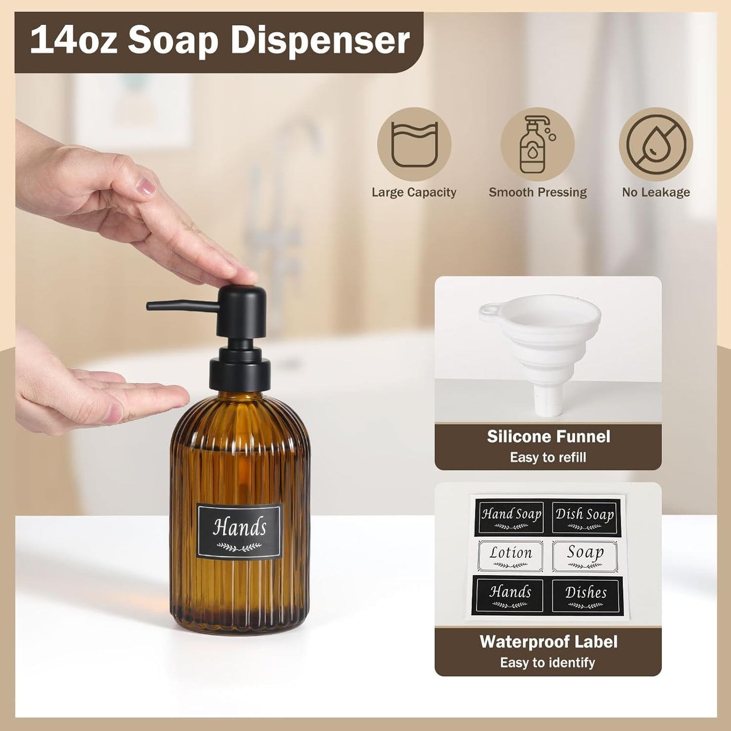 Shinowa Bathroom Accessories Set, 5 Pcs Clear Glass Bathroom Accessory Sets Complete with Soap Dispenser, Toothbrush Holder, Q-Tips Holder, Soap Dish, Ceramic Tray, Vanity Organizer, Brown + Black