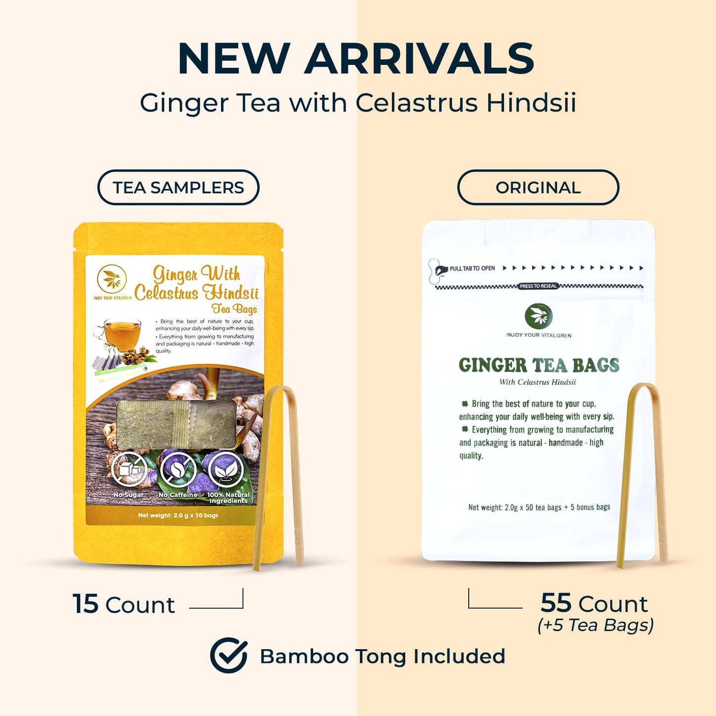 Pure Ginger Tea Samplers with Celastrus Hindsii - 10 Count, Mini Tea Bags, Bamboo Tong Included, Re-Steep Herbal Tea Blend, Corn Based Bags, No Sugar Added, Natural Ginger Tea