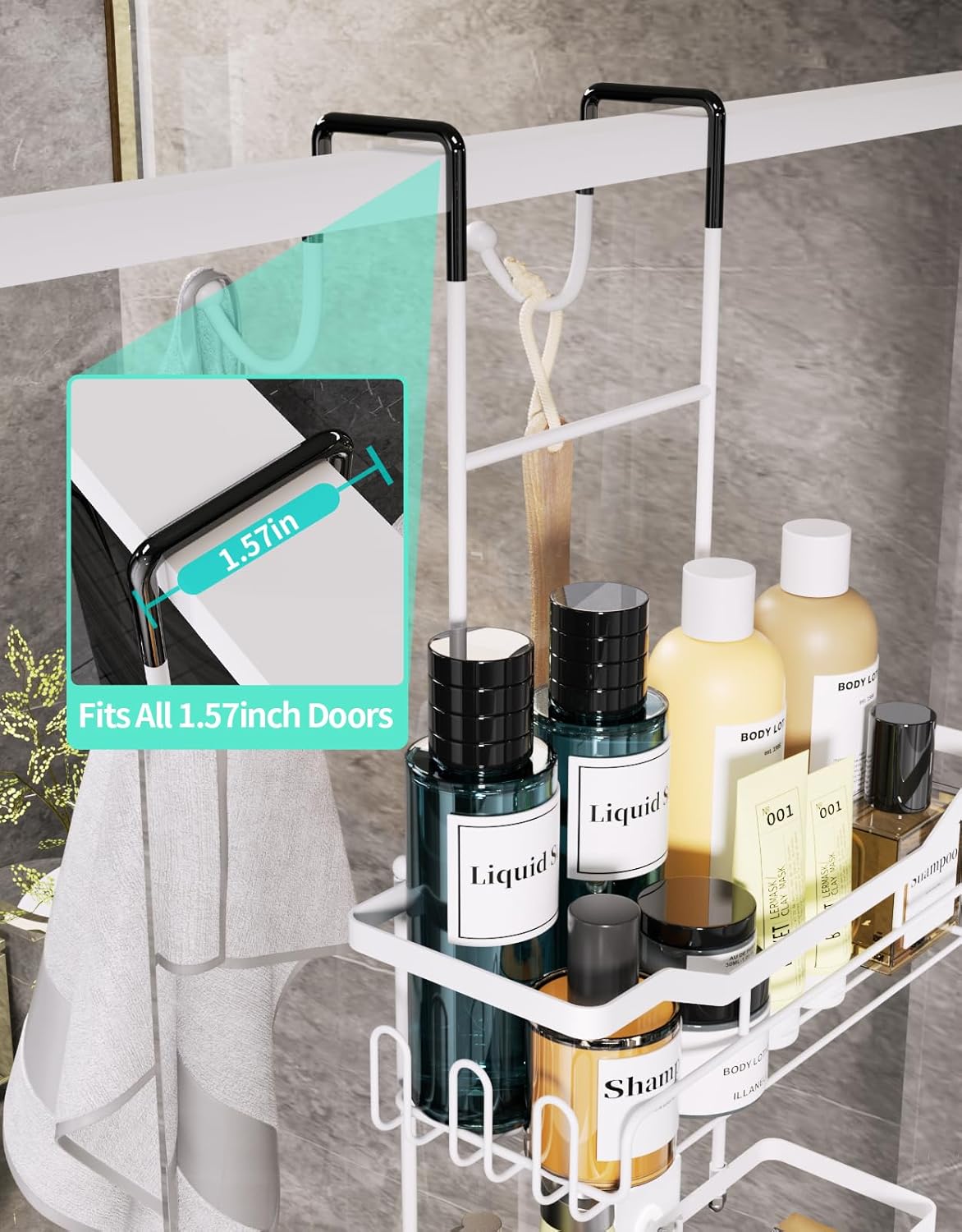 HapiRm Hanging Shower Caddy Over the Door with Soap Holder, No Drilling Adhesive Shower Organizer with 11 Hooks, Rustproof & Waterproof 304 Stainless Steel Bathroom Shelves - White