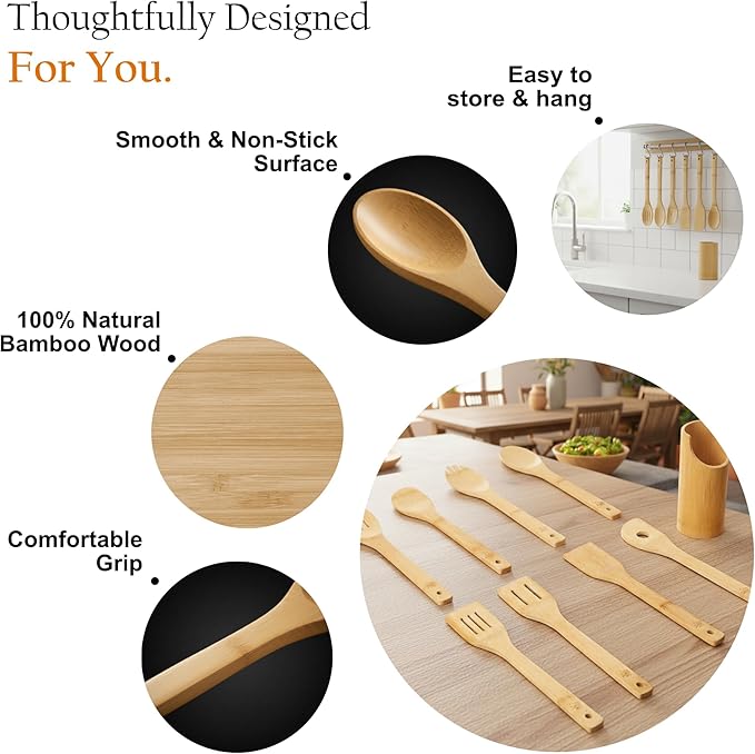 Bamboo Spoons for Cooking - Set of 8 Spoons - Wooden Cooking Spoons - Non-toxic & Organic Bamboo Cooking Utensils with Spoon Set & Spatula - Premium Kitchen Utensils