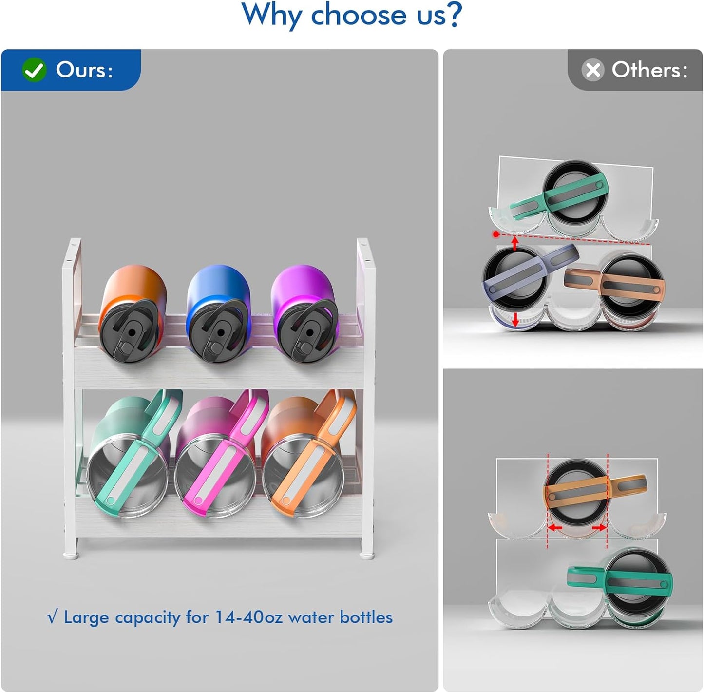 Wooden Water Bottle Organizer, 20/30/40oz Tumbler Organizer, Bottle Holder for Owala/Yeti/Stanley, Kitchen Pantry Water Bottle Storage Rack for Cabinets, Wood Wine Rack, 2 Tier Hold 6