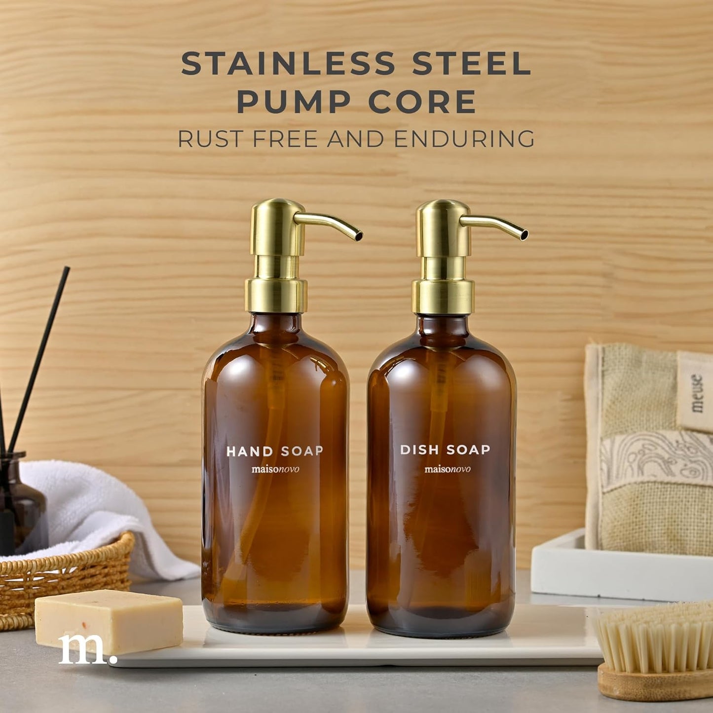 MaisoNovo Soap Dispenser 2-Piece Set | 16.9oz Amber Bottles with Gold Stainless Steel Pumps