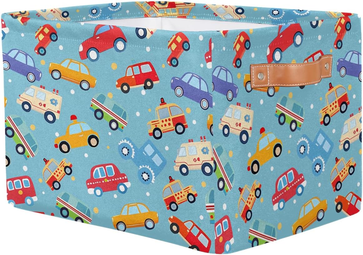 Cartoon Cars Storage Basket for Shelves, Storage Bins with Handles, Collapsible Basket for Organizing, Closet Toy Baskets for Nursery Room, 15x11x9.5 in, Canvas, Cute Cars Trucks