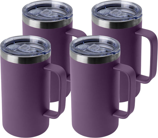DOMICARE 24oz Mug with Handle and Lid, Stainless Steel Coffee Mug, Travel Mug with Handle, Double Wall Vacuum Coffee Tumbler, Reusable Insulated Cup, Dark Purple, Pack 4