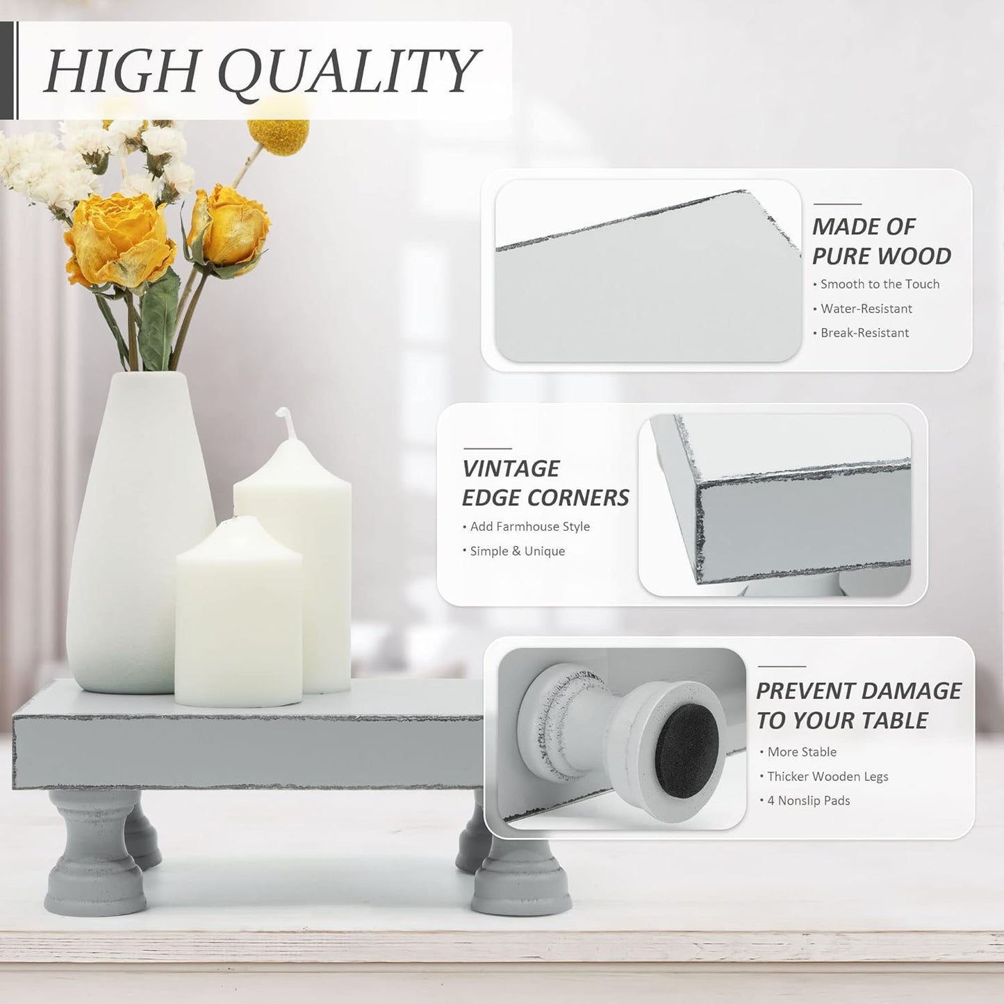 EOSAHR Decorative Wood Riser for Display : Modern Farmhouse Pedestal Stand for Home & Kitchen Decor and Stylish Soap Stand for Sink - Rustic Bathroom Counter Tray and Countertop Organizer (Light Gray)