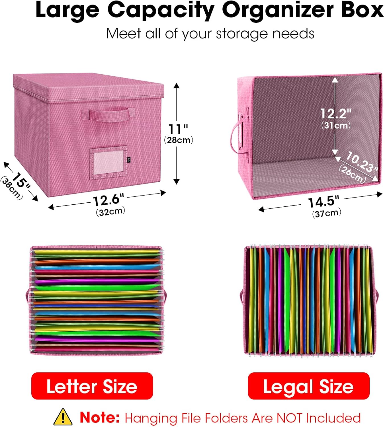 File Organizer Boxes with Lid, Linen Hanging File Storage Boxes with Handle, Collapsible Document Filling Boxes for Letter/Legal Folder, Portable File Box for Office/Decor/Home (2 Pack, Pink)