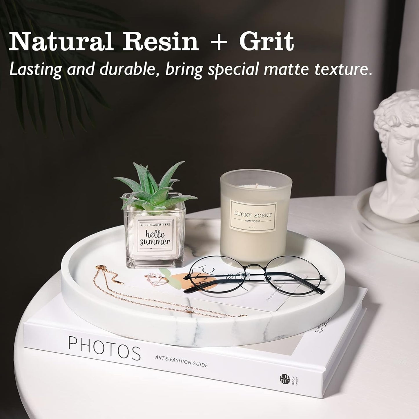 Emibele Vanity Tray, Resin Round Tray Decorative Storage Organizer for Bathroom Toilet Tank Bedroom Kitchen Countertop, Jewelry Storage Dresser Tray for Candle, Lotion Bottle, Cosmetics, Gravel White