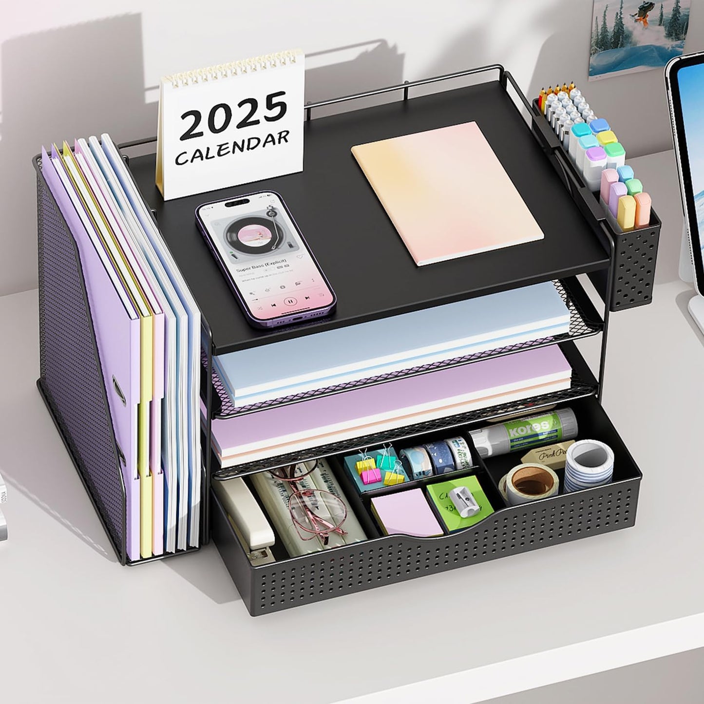 gianotter Wood Desk Organizers and Accessories with File Holder, 4-Tier Desk Accessories & Workspace Organizers with Drawer and Pen Holder, Paper Organizer for Office Supplies (Black)