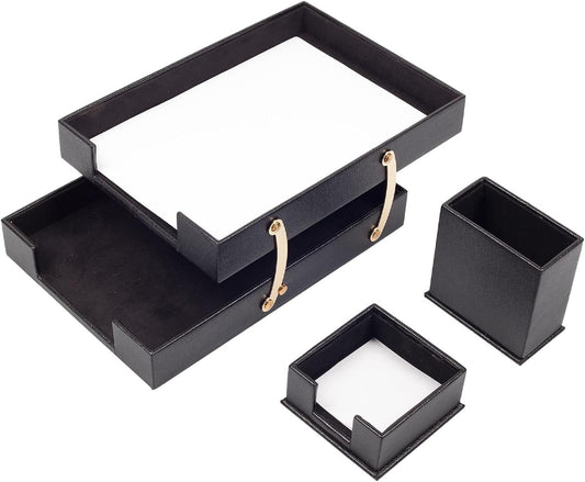 MOOGCO Bonded Set Luxury Leather Desk Pad & Desk Organization Essentials Desk Organizer Leather Desk Organizer (Black)