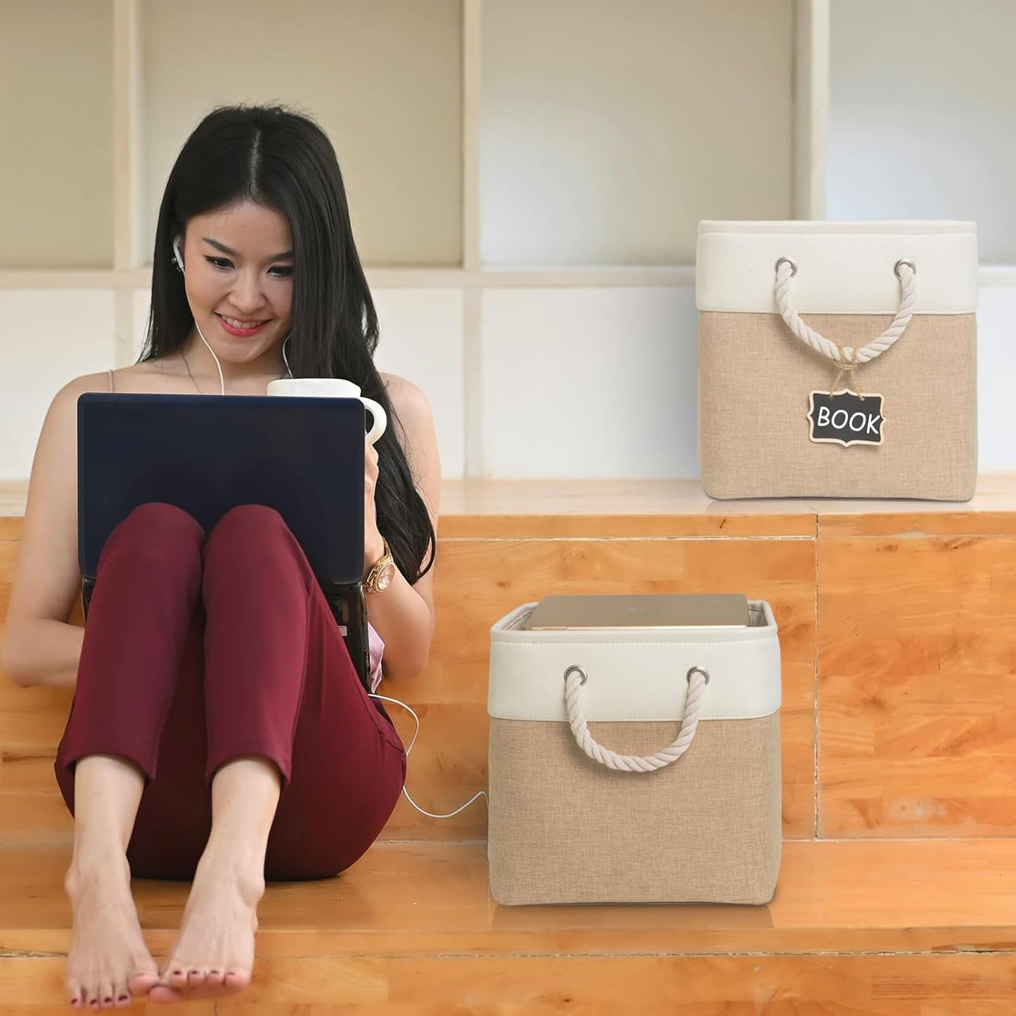 12x12 storage cube bins[6 Pack],Fabric Storage Cubes with Rope Handles, Eco-Friendly Linen Collapsible Organizers for Closet, Nursery, Toys, Office, Bathroom – Dual Color Design.(White&Khaki)