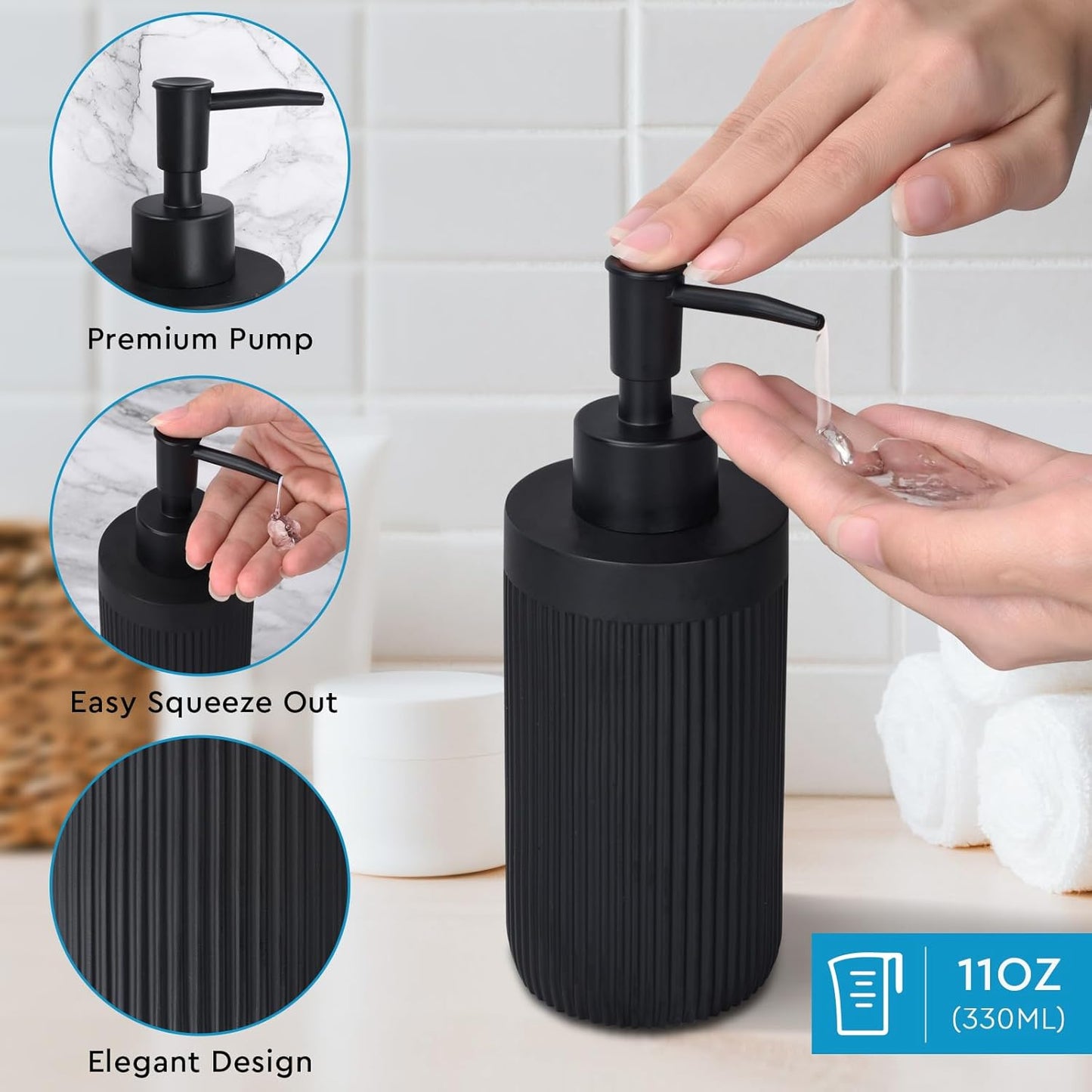 Bathroom Accessory Set 5Pcs-Lotion Soap Dispenser,Toothbrush Holder,Qtip Holder Dispenser,Vanity Tray and Soap Dish-Modern Bathroom Decor Vanity Countertop Organizer,Matte Black
