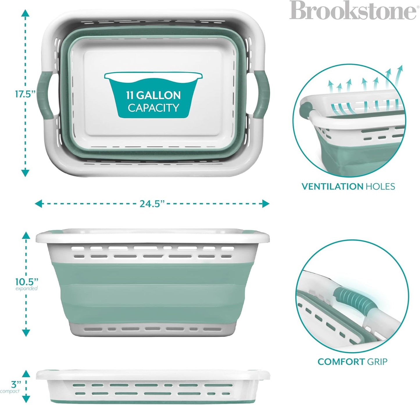 BROOKSTONE, 1 UNIT, 11 GALLONS - [OUR LARGEST BASKET EVER] 24" Collapsible Laundry Basket, Comfort Non-Slip Grip Handles, Minimalist Space Saving Design, Portable Pop-Up Hamper, [BPA FREE]