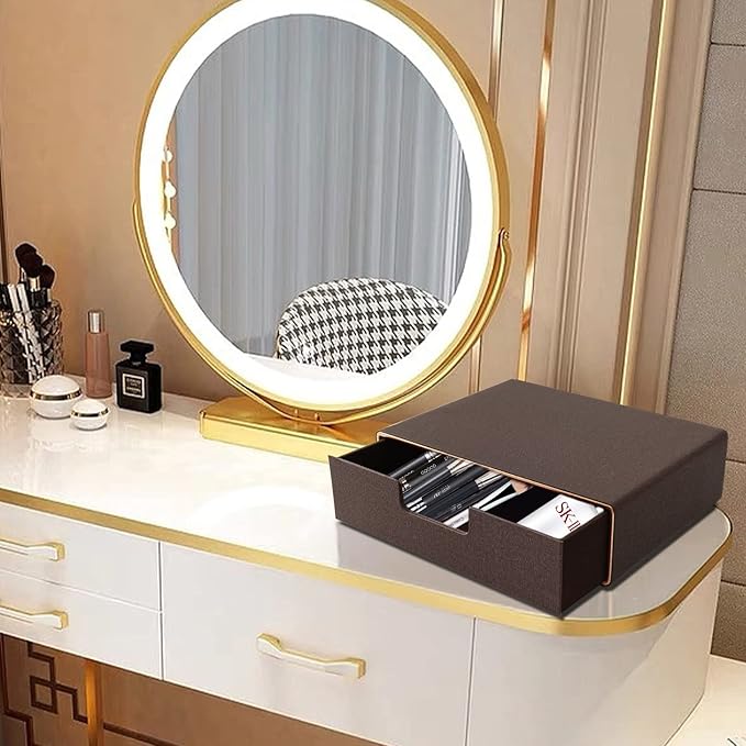 Stackable Organizer Drawer Classic Brown Pu Leather Handmade,Organize Home Office Desk Accessories and Sort Letter-Size Paper/a4 Document,Desk Caddy with Drawers Storage Box,13.1x10x3.7inches