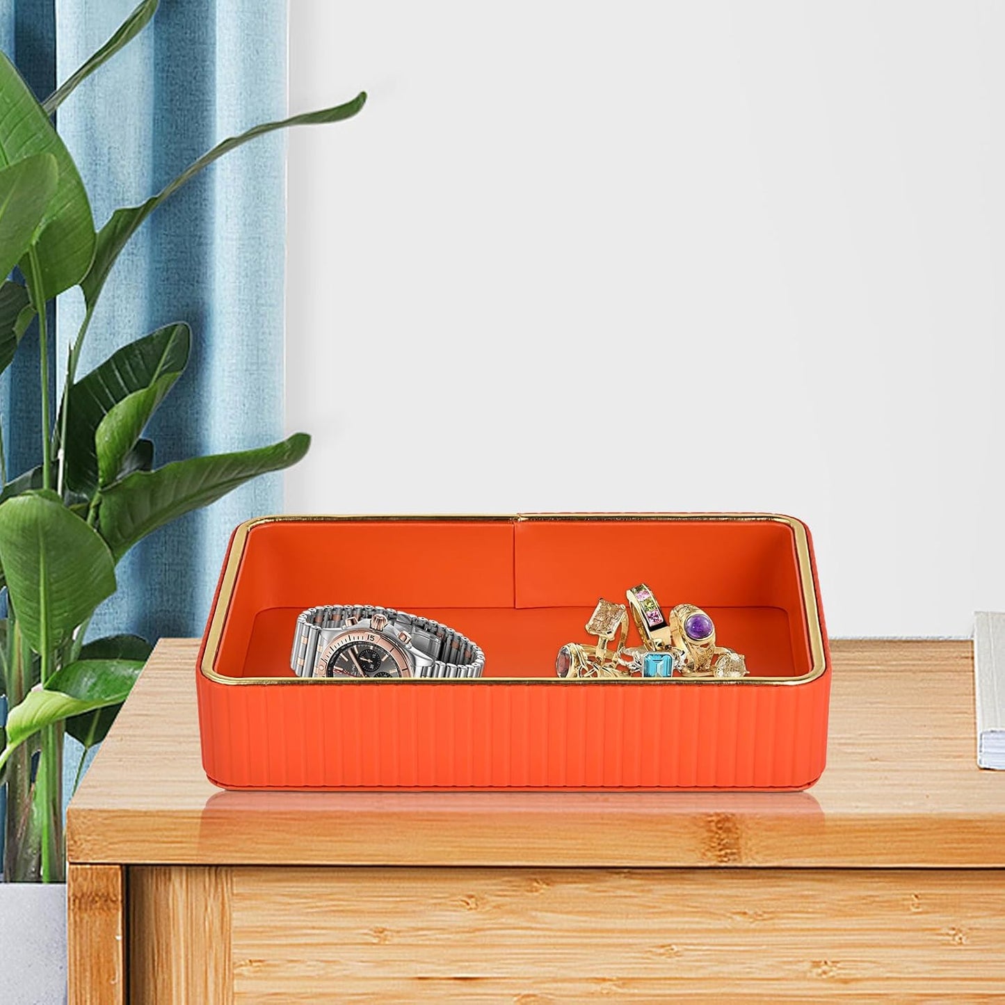PU Leather Valet Tray,Desk Organizer Tray Nightstand Organizer Trinket Dish Storage Key Bowl Decorative Trays for Phone Wallet Jewelry Watch Bathroom Bedroom Perfume Vanity Trays,Orange