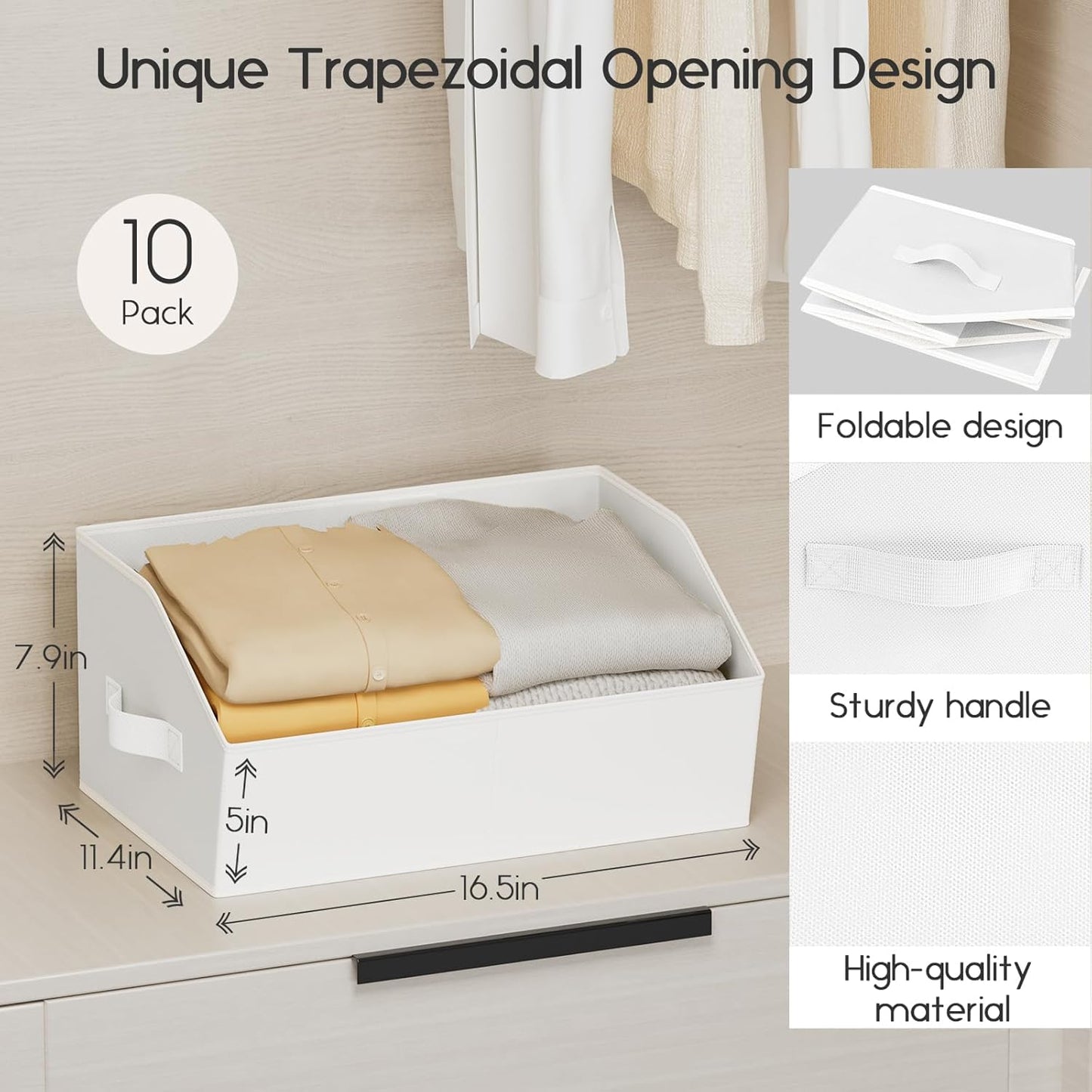 Large Closet Organizers and Storage Bins - 10 Pack Trapezoid Storage Baskets for Shelves, Foldable Fabric Baskets with Handles Ideal for Closet, Basket, Wardrobe and Shelf Storage, White