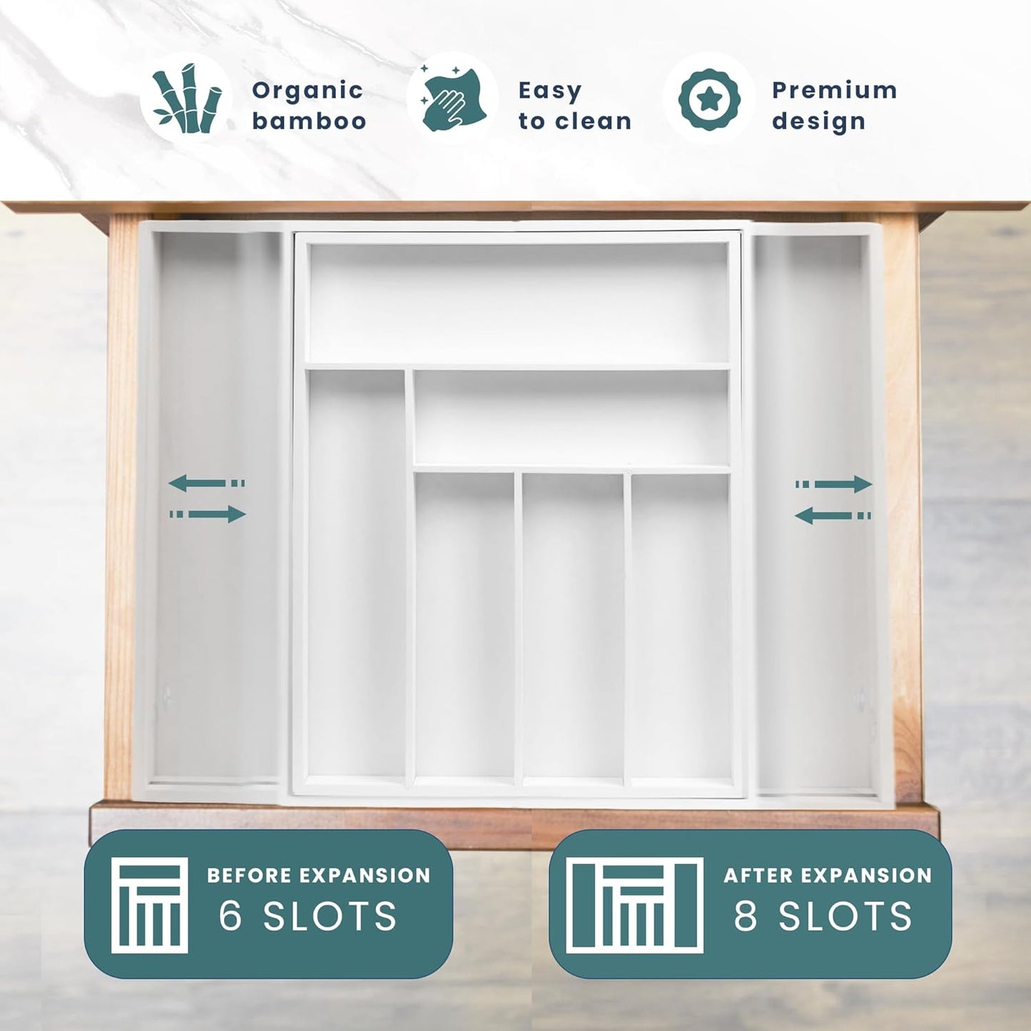 Sben Expandable Drawer Organizer for Utensils Holder, Adjustable Cutlery Tray, 6-8 Slots, Premium Wood Drawer Dividers Organizer for Silverware, Flatware, Knives for Kitchen (White)
