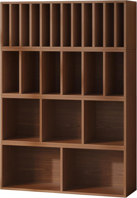 IOTXY DIY Modular Cube Bookcase - CubeXY Customizable Stackable Expandable Combination Set, 23-Cube Open Bookshelf for Books, Fabric Storage Bin, and Vinyl Record Organizer, Walnut