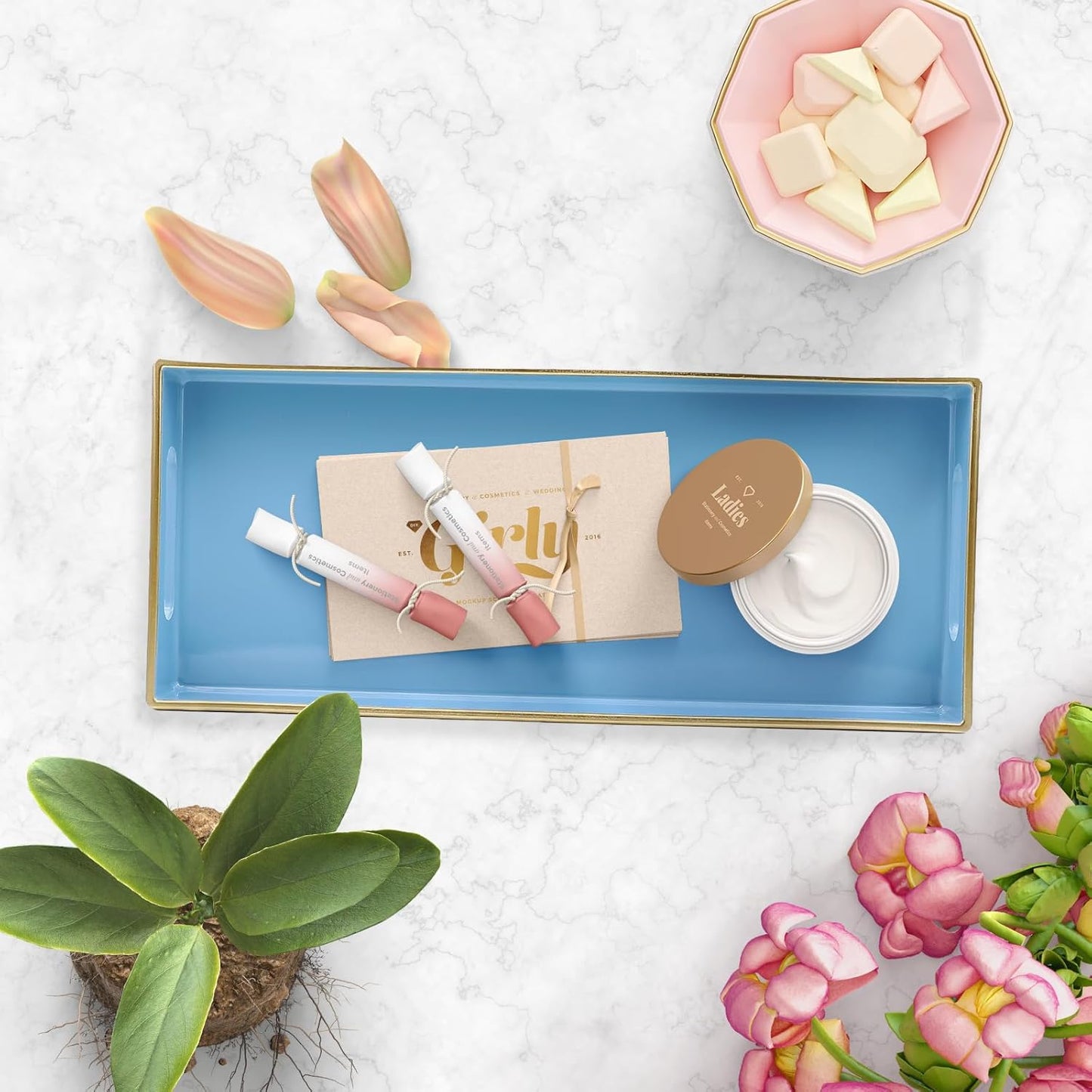 Blue Bathroom Vanity Tray for Countertop, Small Plastic Toilet Tank Versatile Storage & Organization Tray for Makeup, Perfume, Desk, Kitchen, Candles, 13.7"x6"x1.4", 35BL