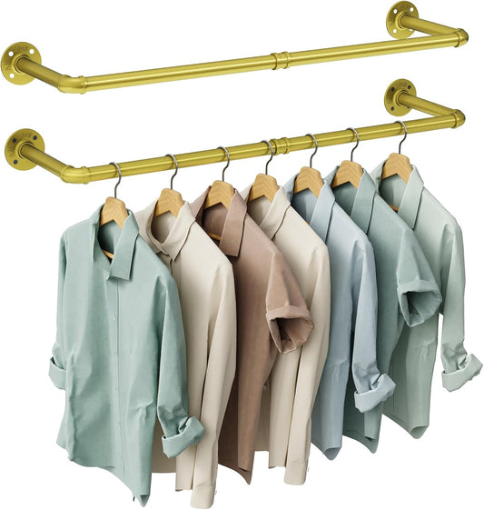 OROPY Industrial Pipe Clothes Rack Wall Mounted Set of 2, 38.4 inches Heavy Duty Iron Pipe Clothing Garment Rail, Multi-Purpose Clothing Hanging Rod for Laundry Room and Closet Storage, Gold