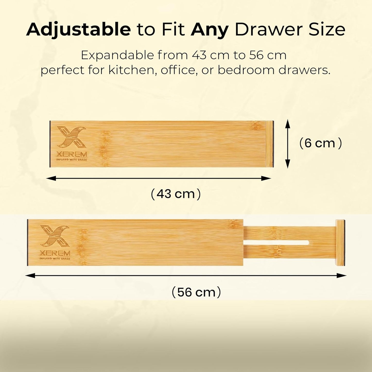 Adjustable Bamboo Drawer Dividers 6-Pack, 17-22 Inch Deep Expandable Drawer Organizer Set, Sustainable Spring-Loaded Bamboo Inserts for Kitchen, Bedroom, and Office Organization