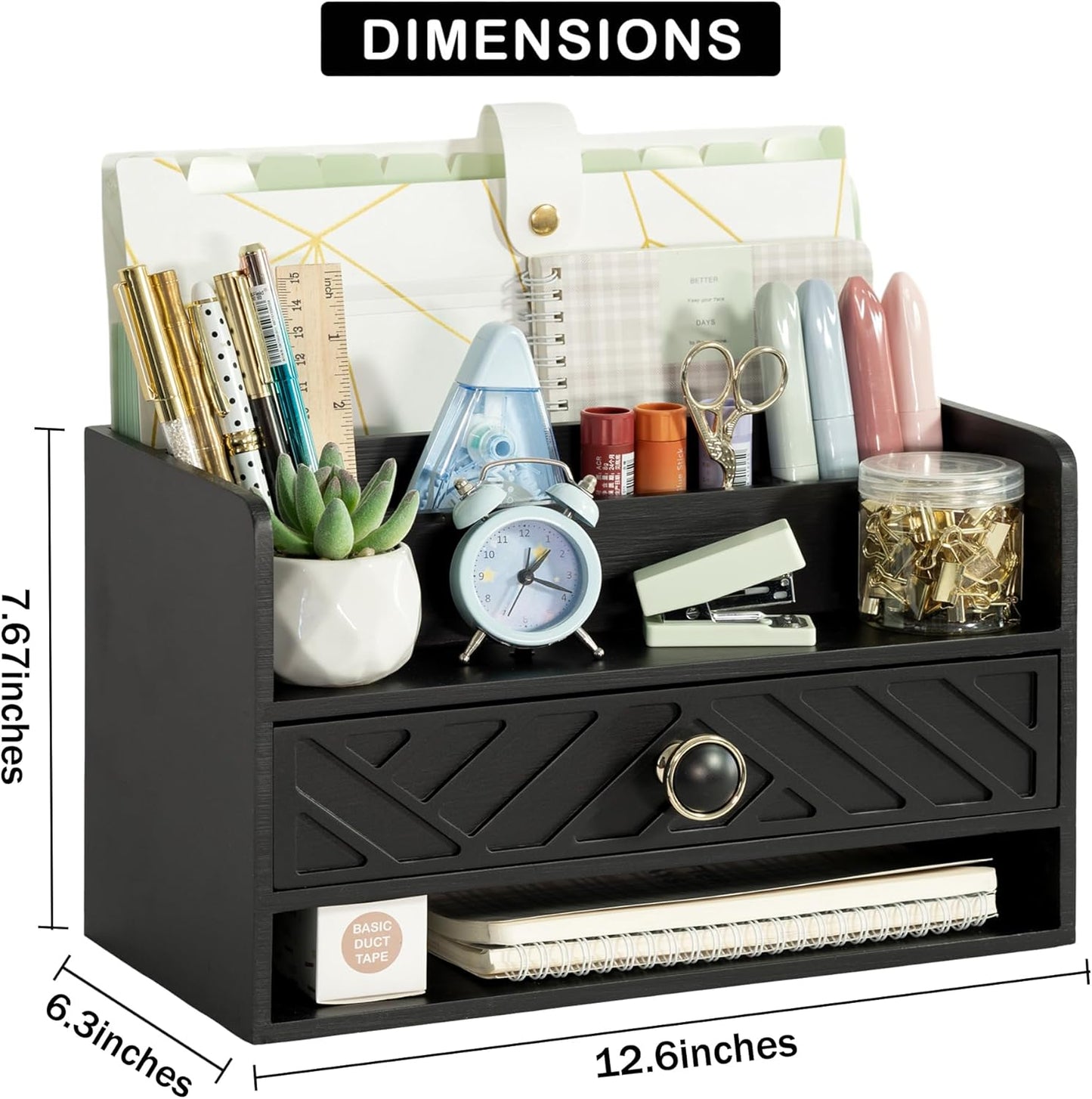 Black Wood Desk Organizer and Accessories with Drawer, Bill Mail Organizer and File Mail Holder for Office Supplies, Desk Accessories & Workspace Organizers for Desk Organization