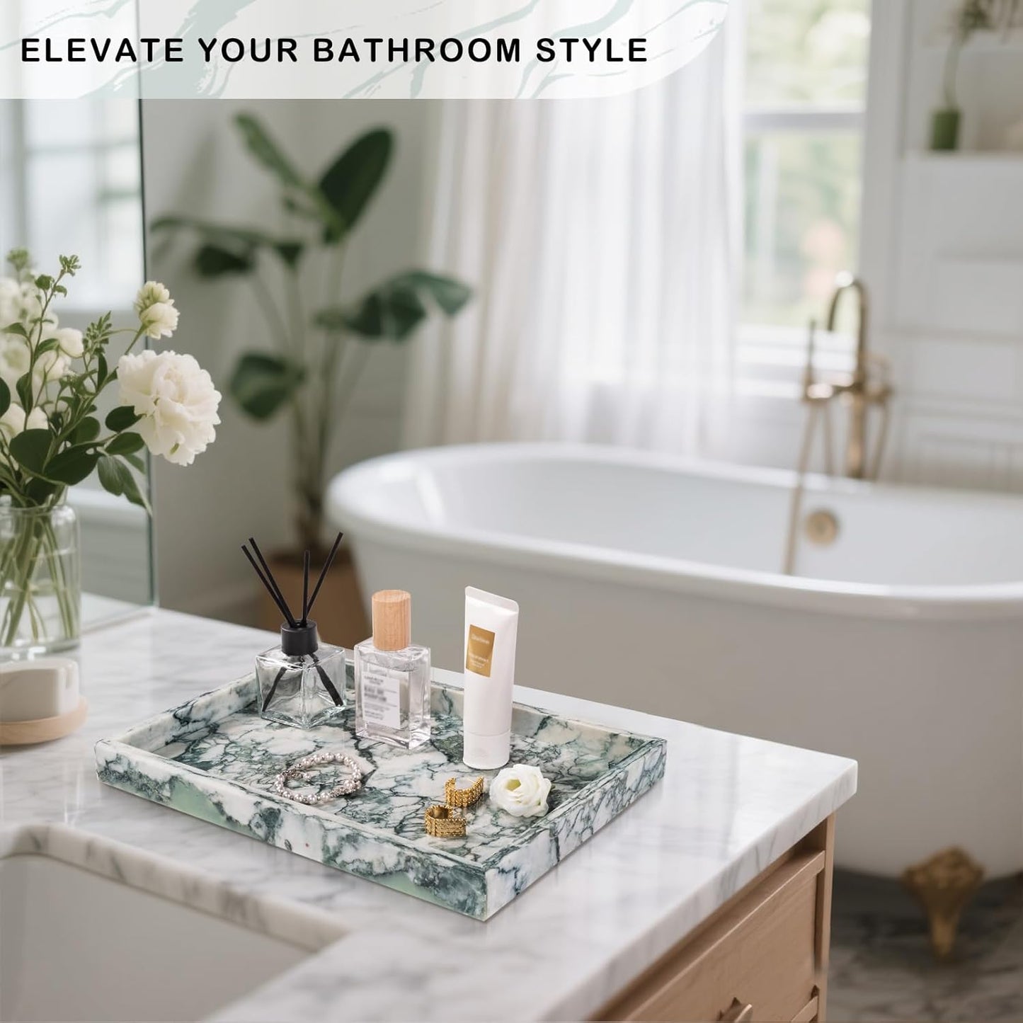 Marble Bathroom Tray for Countertop & Home Decor, Natural Decorative Marble Tray for Jewelry & Perfume Organizer, Luxury Stone Vanity Trays for Dresser, Kitchen Counter, 12" x 8", Jade Green